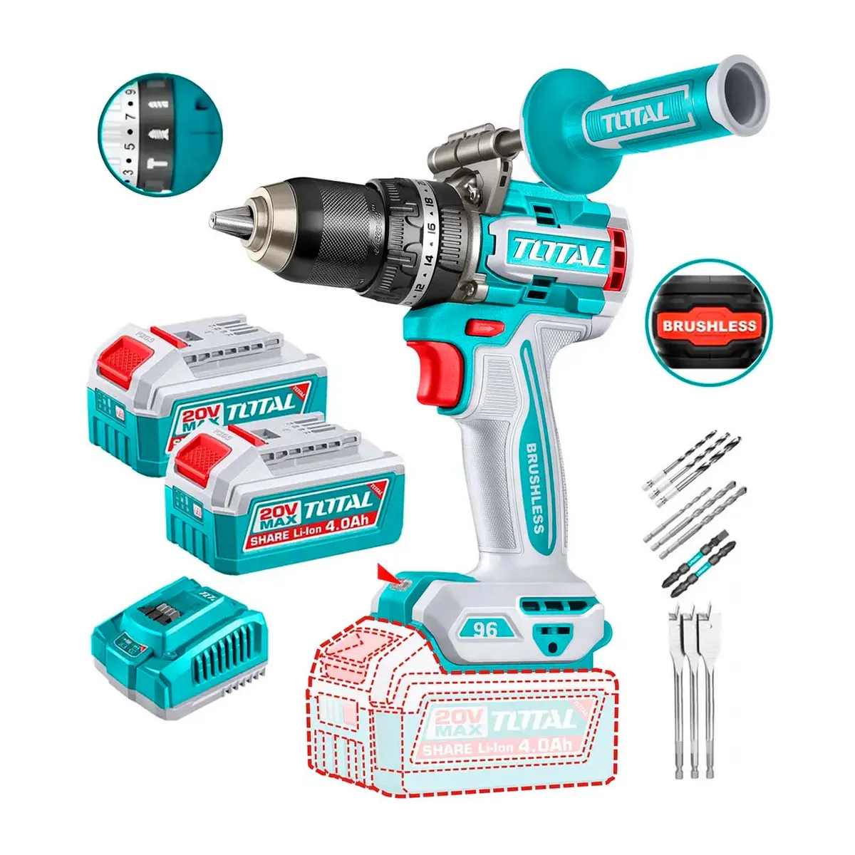TOTAL - Taladro Percutor Inalámbrico Total 20v + 2 baterías 4.0ah + Accesorios