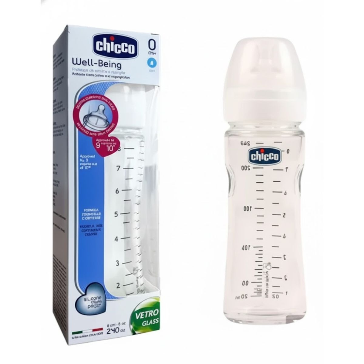GENERICO - Biberón De Vidrio Con Tetina Silicona Chicco - Frasco 240 ML
