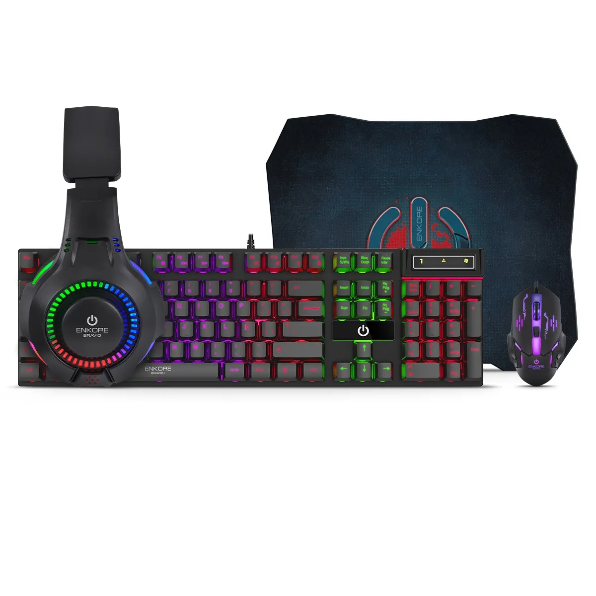 KIT GAMER 4 EN 1 RGB MOUSE+TECLADO+AUDIFONO+PAD MOUSE ENKORE BRAVIO 4 ...