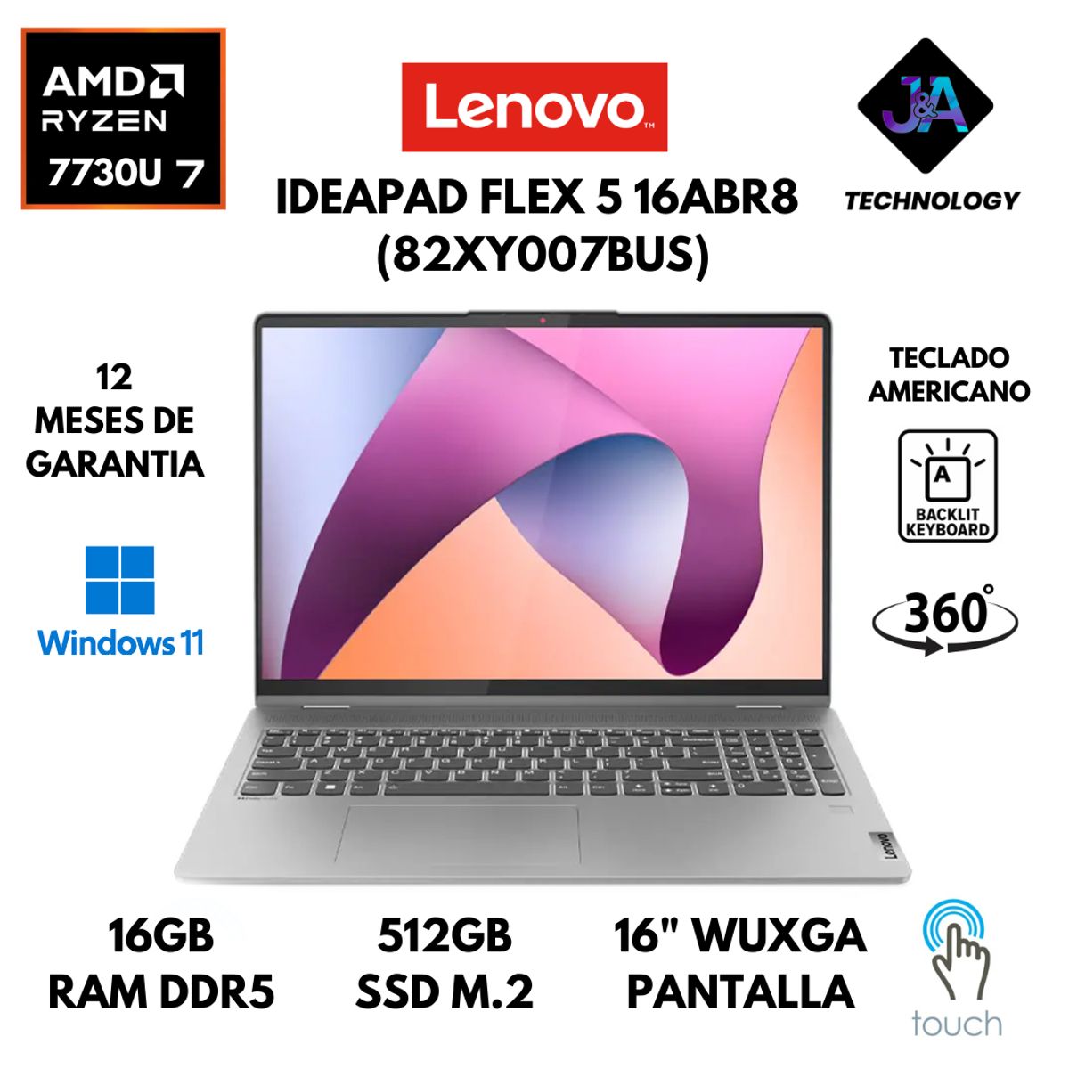 LENOVO - LAPTOP LENOVO IDEAPAD FLEX 5 16ABR8 AMD RYZEN 7-7730U 16GB 512GB 16" WUXGA TS WINDOWS 11 AMERICANA