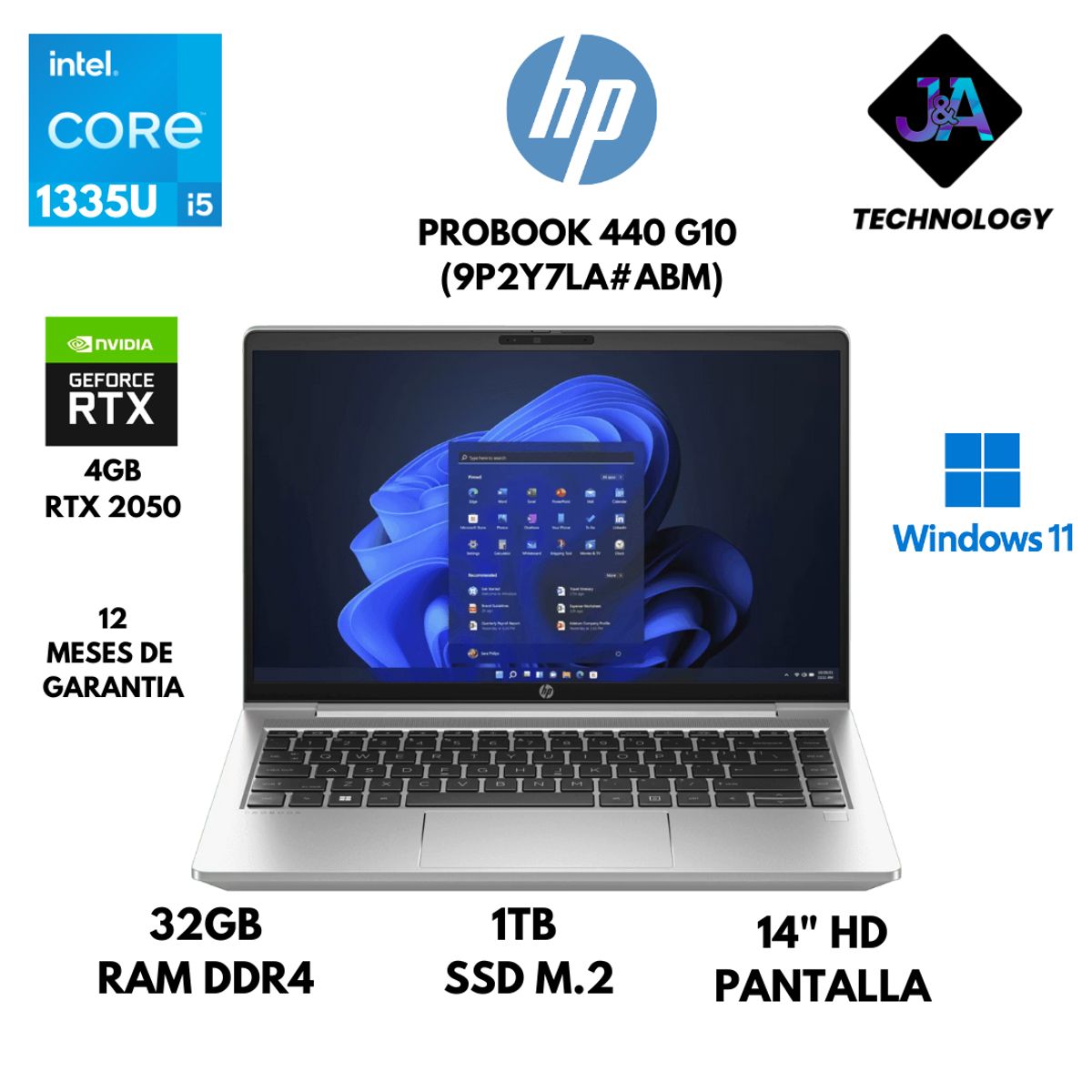 HP - LAPTOP HP PROBOOK 440 G10 CORE I5 1335U 32GB RAM 1TB SSD 4GB RTX2050 14" FHD WINDOWS 11