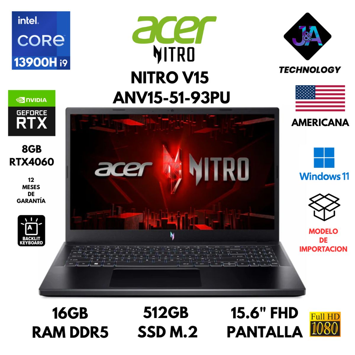 ACER - LAPTOP ACER NITRO V15 ANV15-51-93PU CORE I9-13900H 16GB RAM 512GB SSD 8GB RTX4060 156 AMERICANA