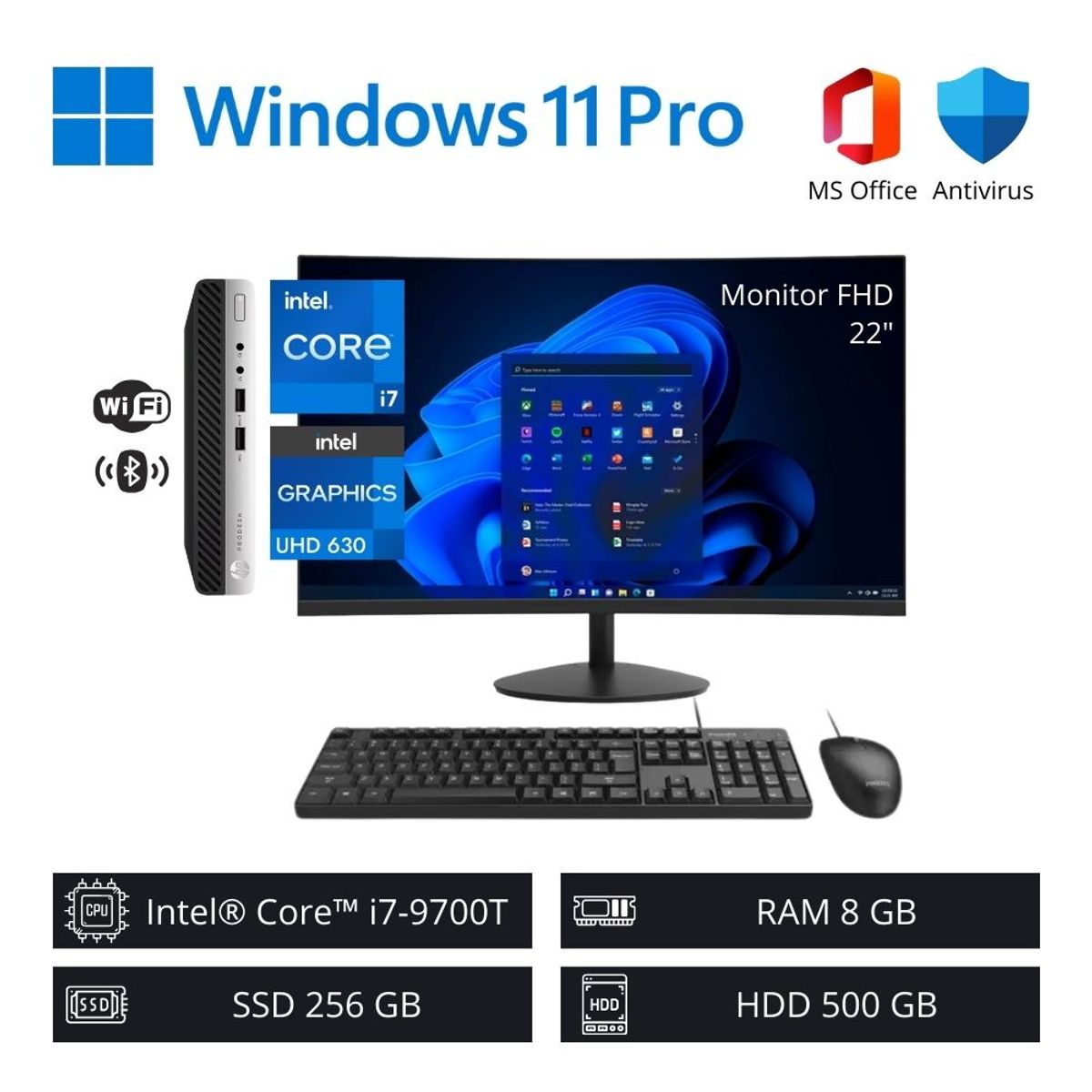 HP - Computadora PC Intel Core i7-9700T 8GB RAM 256GB SSD 500GB HDD + Monitor 22” FHD WiFi +BT