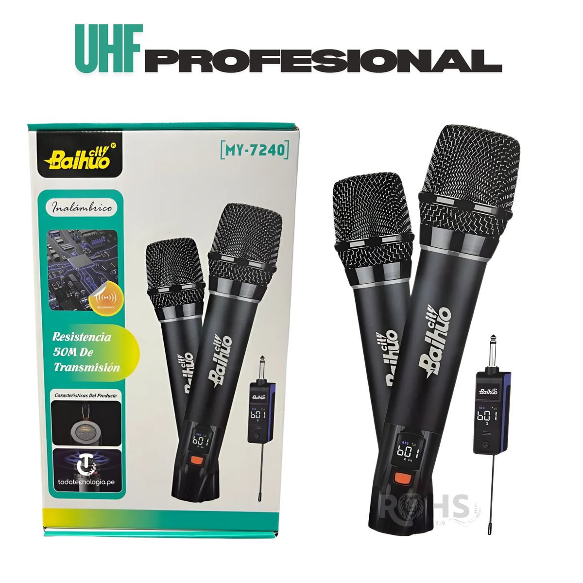 OEM - Kit de Micrófonos inalámbricos UHF profesionales Baihuo MY-7240 con DSP antruido, alcance 50 m