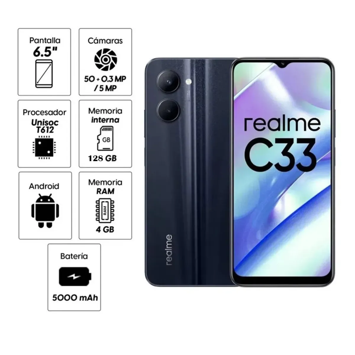 REALME - Smartphone C33 128 GB ROM 4 GB RAM Pantalla 6.5" Cámara 50MP POWERFULL UNISOC T612 Batería 5000 mAh