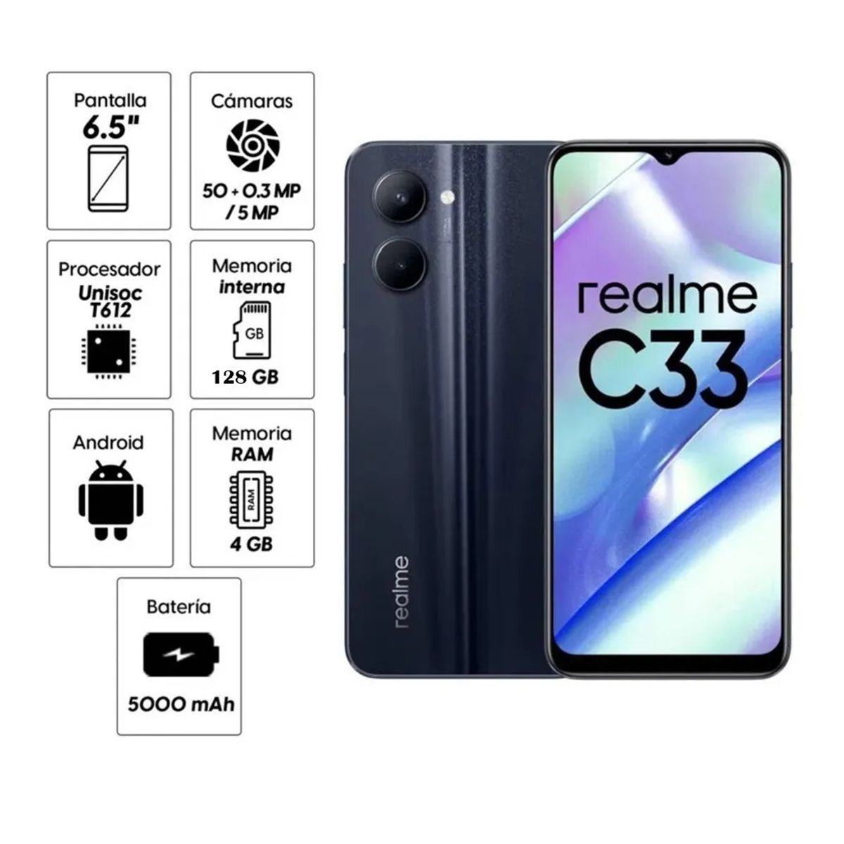 REALME - Smartphone C33 128 GB ROM 4 GB RAM Pantalla 6.5" Cámara 50MP POWERFULL UNISOC T612 Batería 5000 mAh