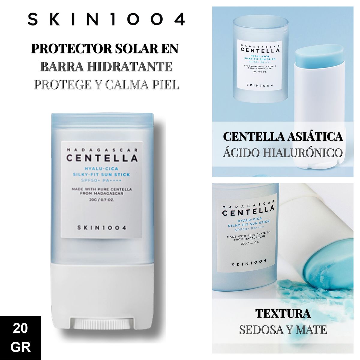 SKIN1004 - Protector Solar en Barra Piel Deshidratada Hyalu-Cica Silky Fit Sun Stick 20gr