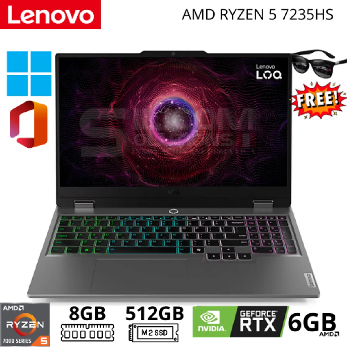 LENOVO - Notebook Gaming Lenovo LOQ 15ARP9 15.6" Ryzen 5 7235HS 8GB RAM 512GB SSD RTX 6GB