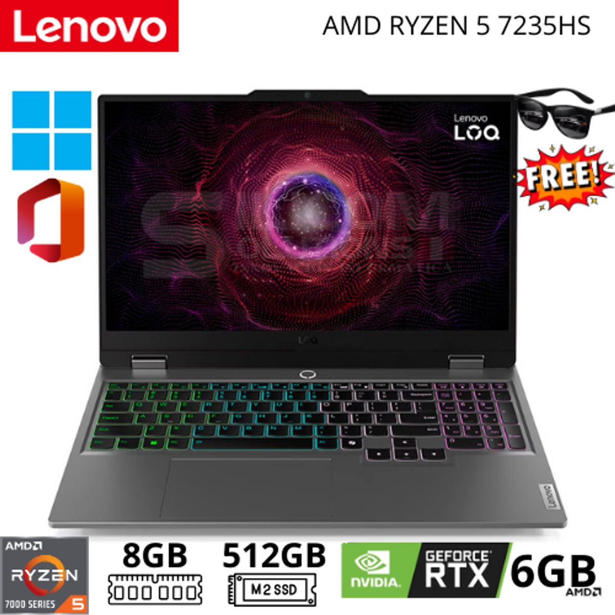 LENOVO - Notebook Gaming Lenovo LOQ 15ARP9 15.6" Ryzen 5 7235HS 8GB RAM 512GB SSD RTX 6GB