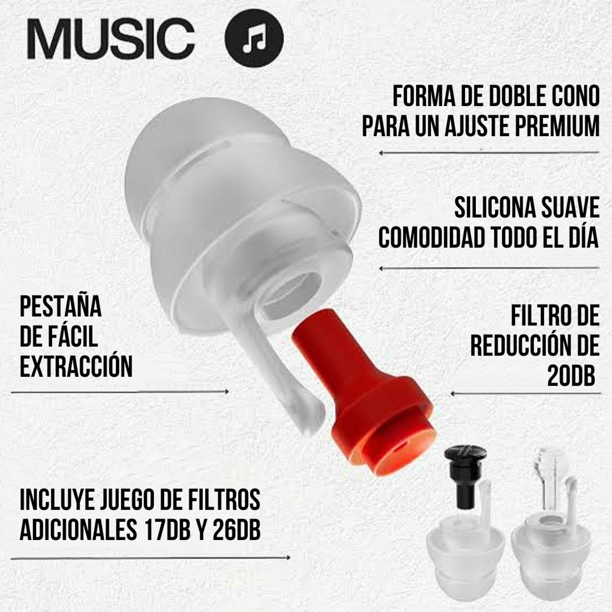 Tapones de Oìdo + Juego Filtros Antiruido de 17dB 20dB y 26dB + Cordón Sujetador - MUSIC ORIGINAL, marca EAR PEACE - Foto 2