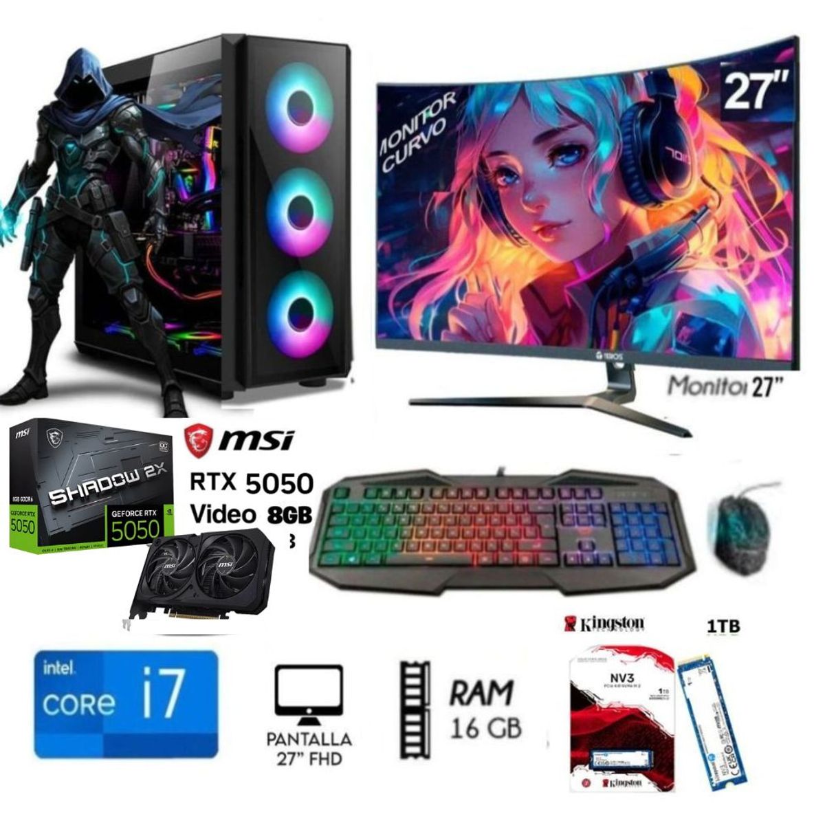 INTEL - Computadora PC Core I7-10TH  Ram 16GB, Disco SSD M.2 1TB, RTX 5050 8GB, MONITOR 27"