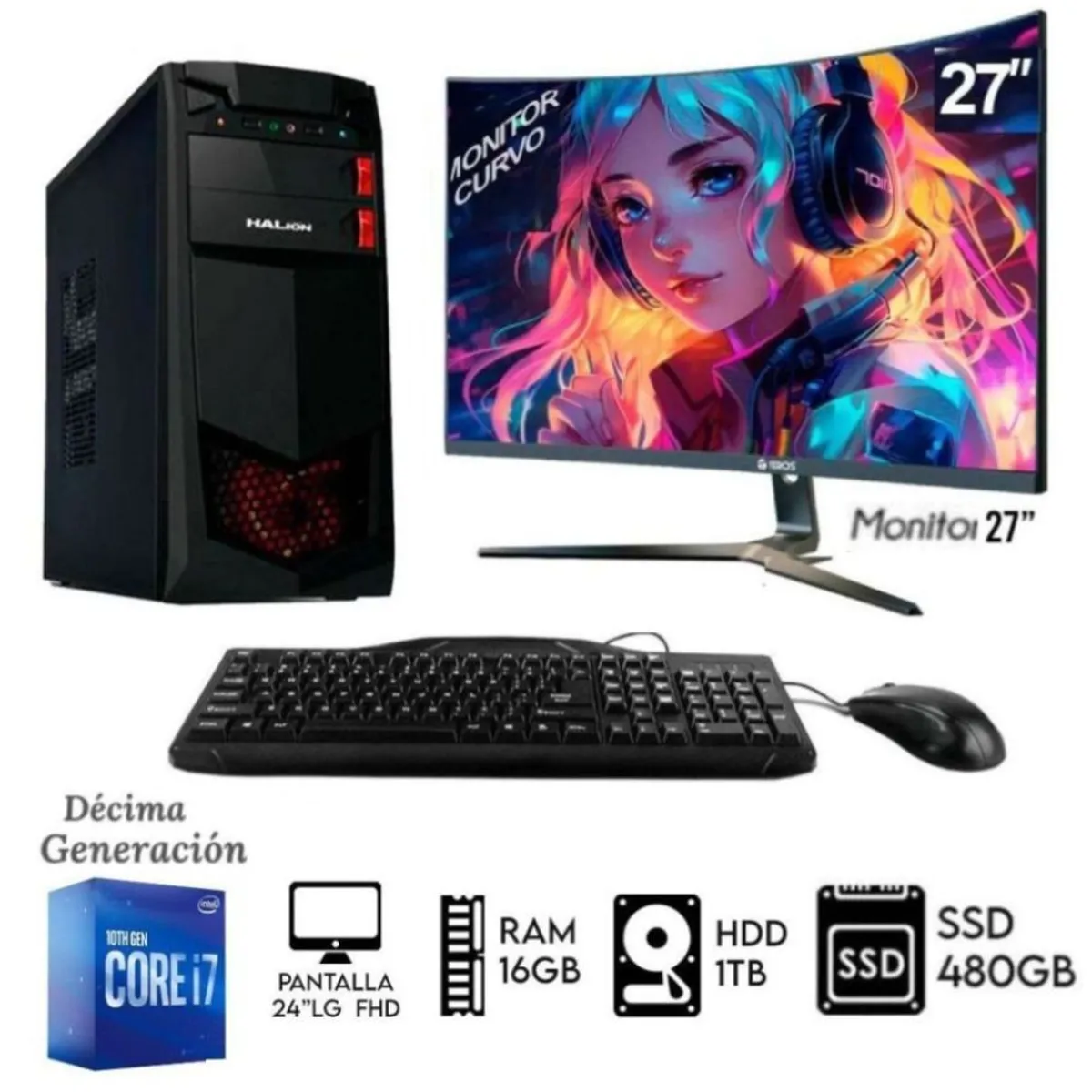 INTEL - COMPUTADORA PC INTEL CORE I7-10TH RAM 16GB DISCO HDD 1TB + SSD 480GB MONITOR 27 FHD