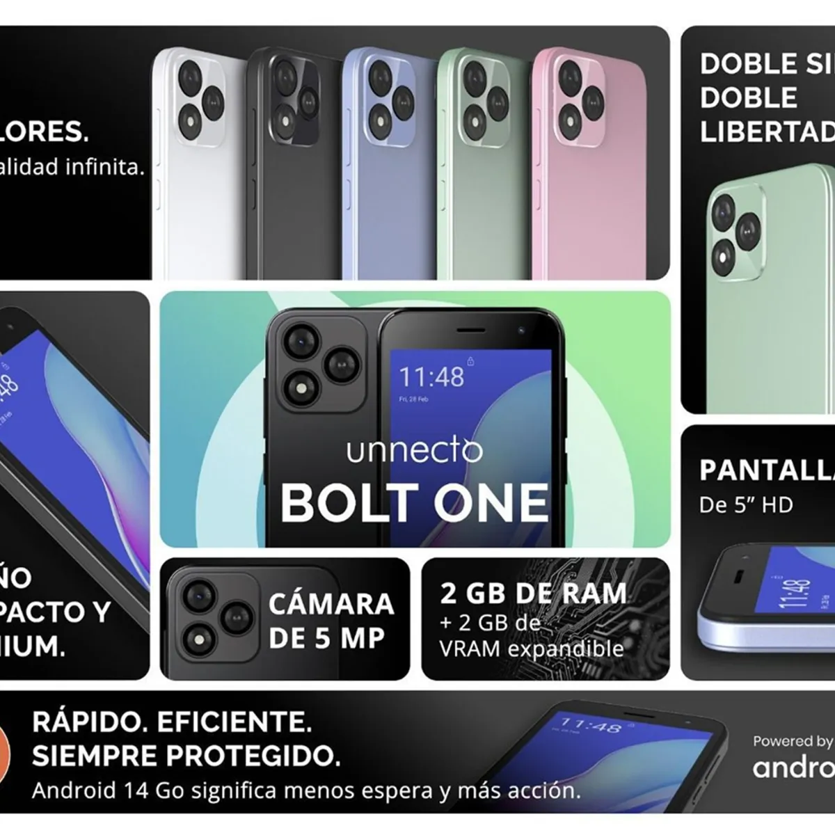 UNNECTO - Smartphone Bolt One 4GB de RAM 2GB + 2GB 32GB ROM Color Verde Android 14 Cargador Tipo C
