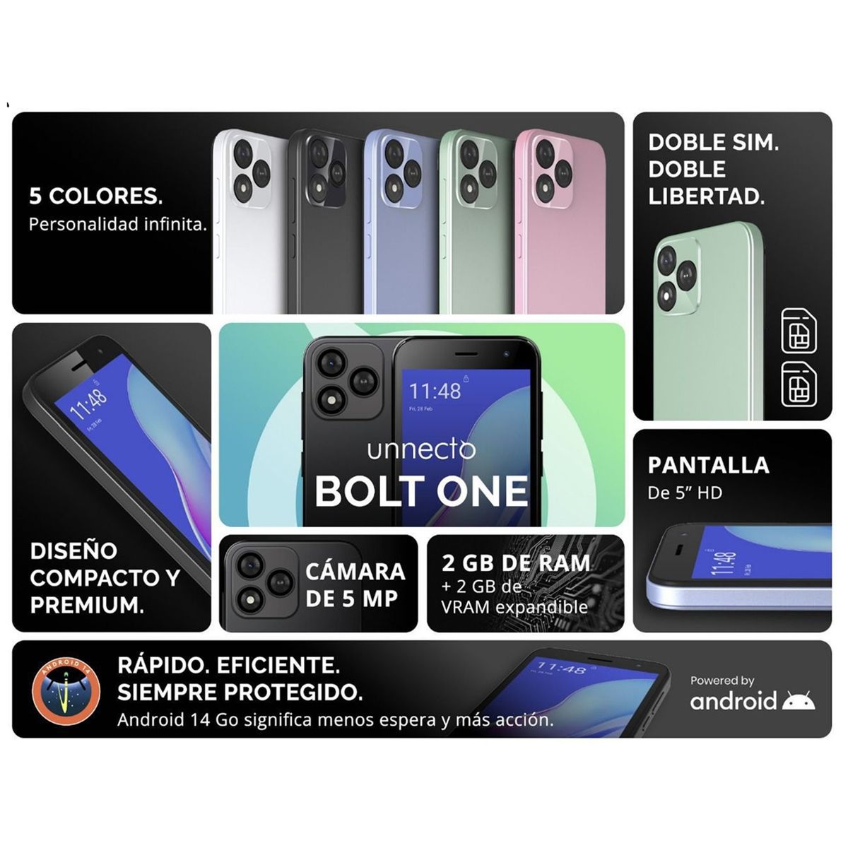 UNNECTO - Smartphone Bolt One 4GB de RAM 2GB + 2GB 32GB ROM Color Verde Android 14 Cargador Tipo C