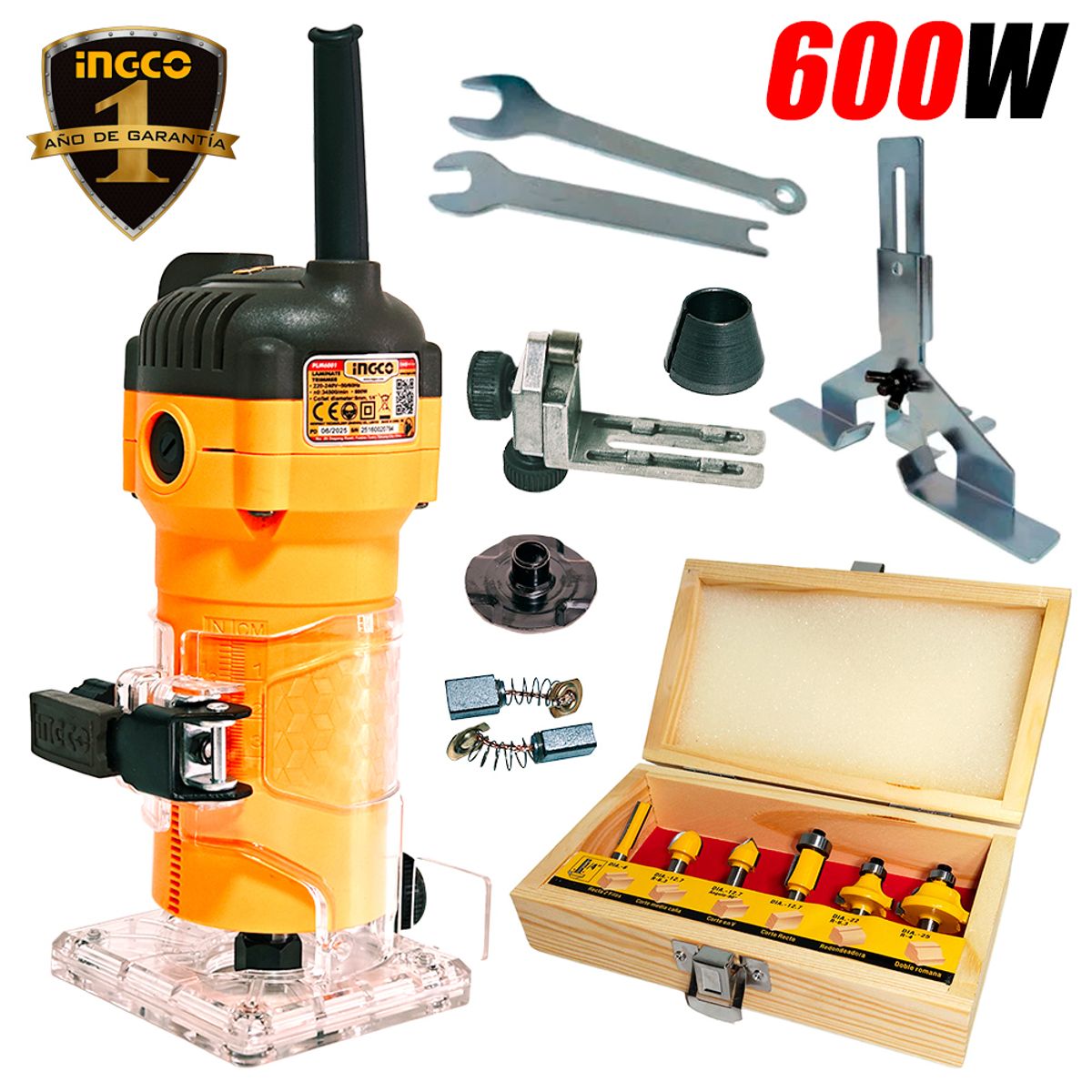 INGCO TOOLS - Ruteadora Fresadora Tupi de Mano 6mm ¼″ Profesional Ingco PLM6001 600W 34500rpm + 6 Fresas