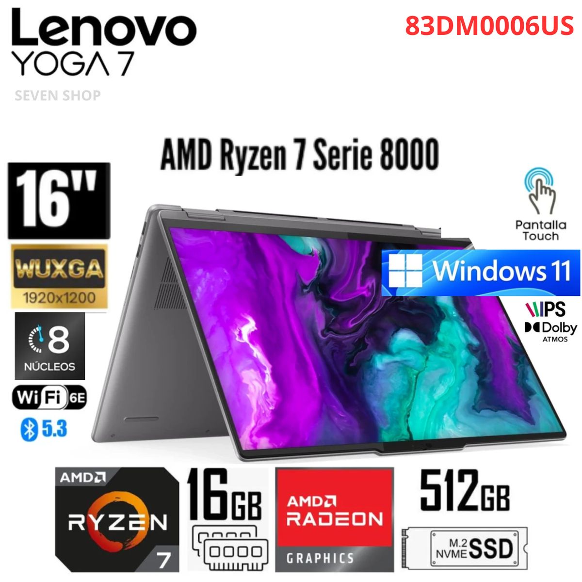 LENOVO - Laptop Lenovo Yoga 7 16AHP9 2 IN 1 AMD Ryzen 7-8840HS 16GB RAM 512GB SSD 16" WUXGA WIN11 83DM0006US