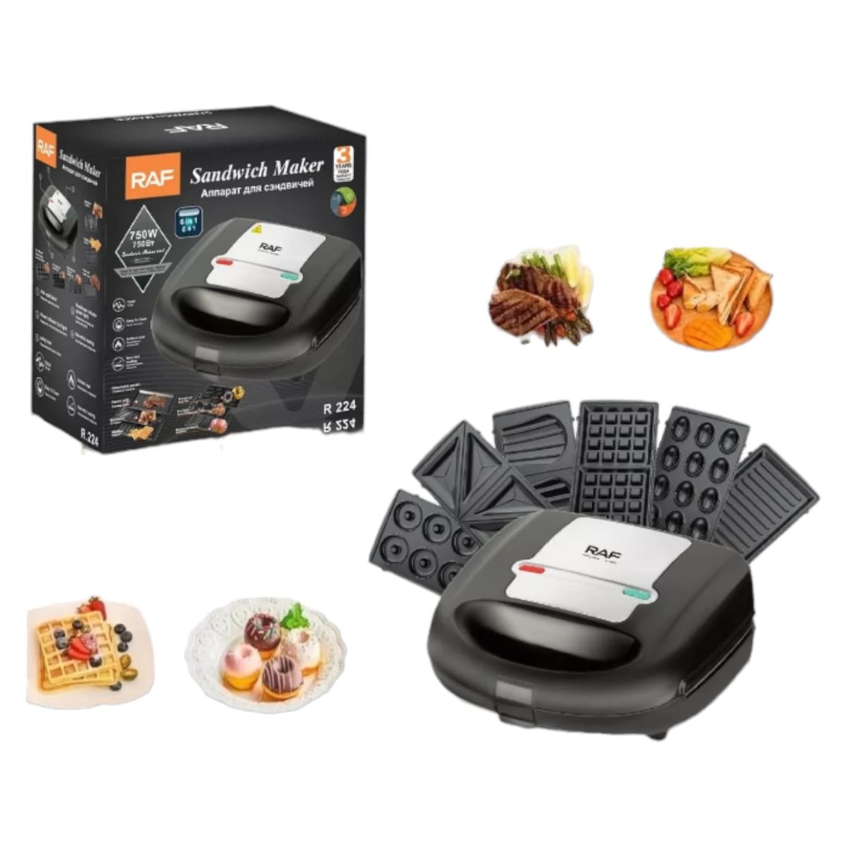 RAFF - Sandwichera 6 En 1 Placas Intercambiables 750w Wafles Donas y mas