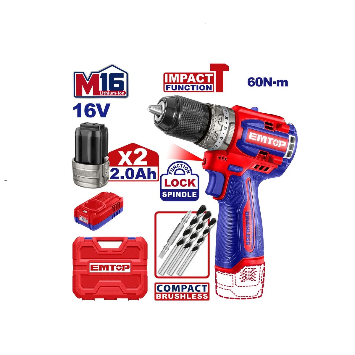 EMTOP - TALADRO PERCUTOR BRUSHLESS CHUCK METÁLICO 16V 60NM ECIDL16682 - EMTOP