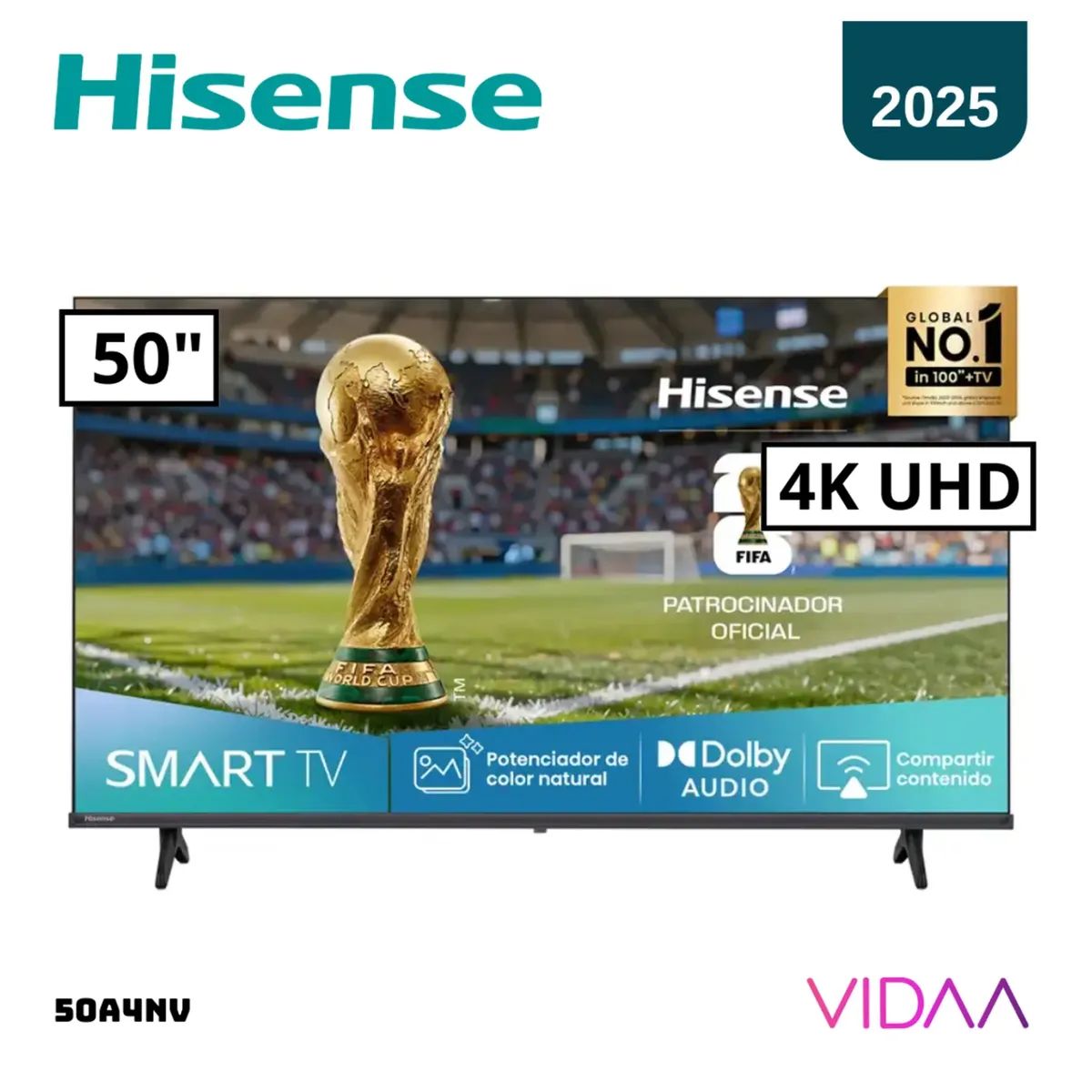 HISENSE - TELEVISOR HISENSE 50 SMART TV VIDAA FullHD LED 2025 - 50A4NV Negro