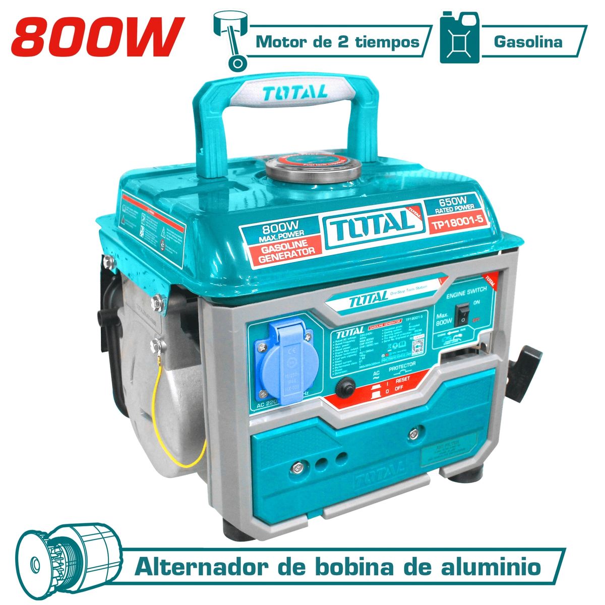 TOTAL - Generador eléctrico gasolinero 800W Generador de Luz TP18001-5 TOTAL