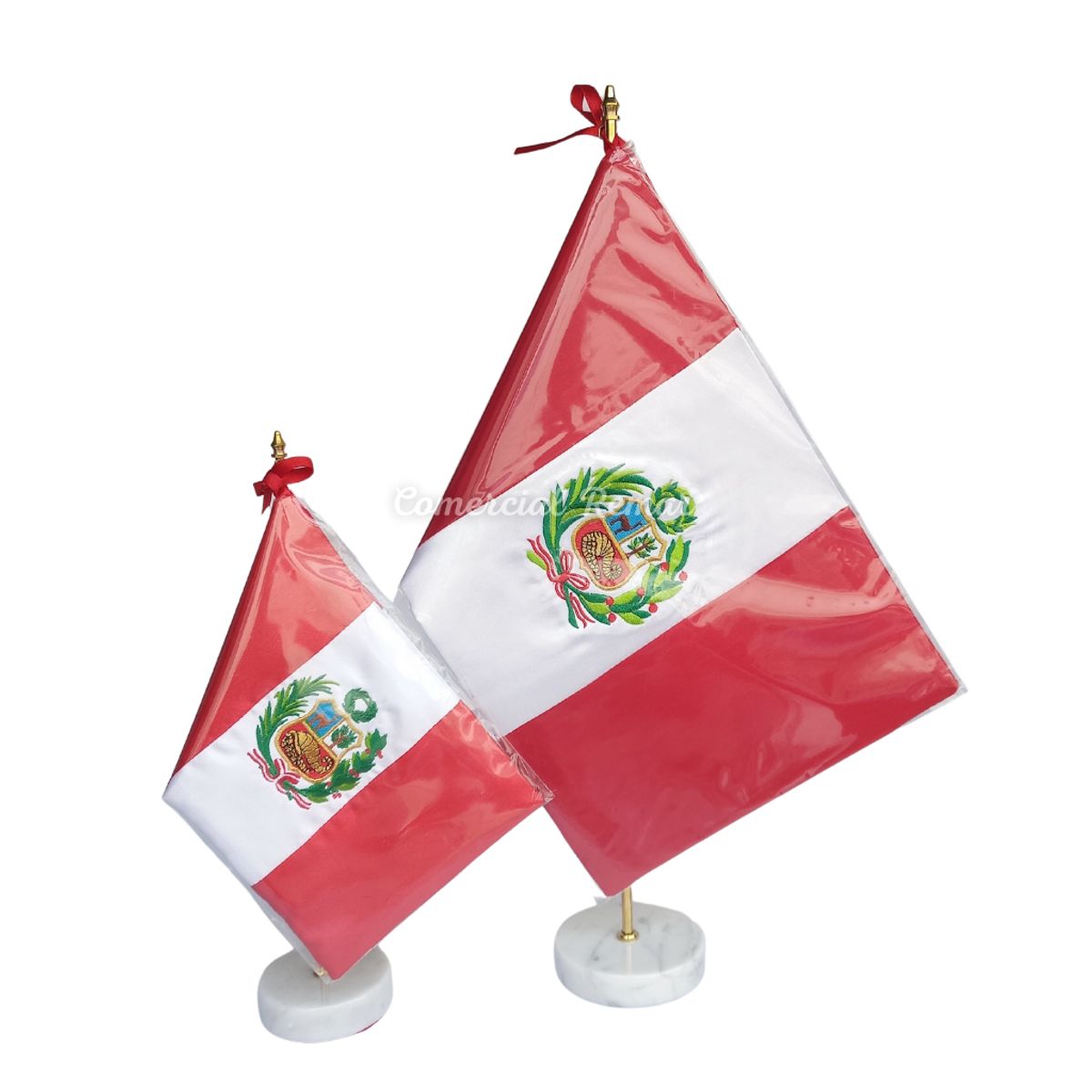 PERU - Bandera de Peru para Escritorio Bordada 33x22cm CALIDAD A1 Asta de Bronce Base de Onix
