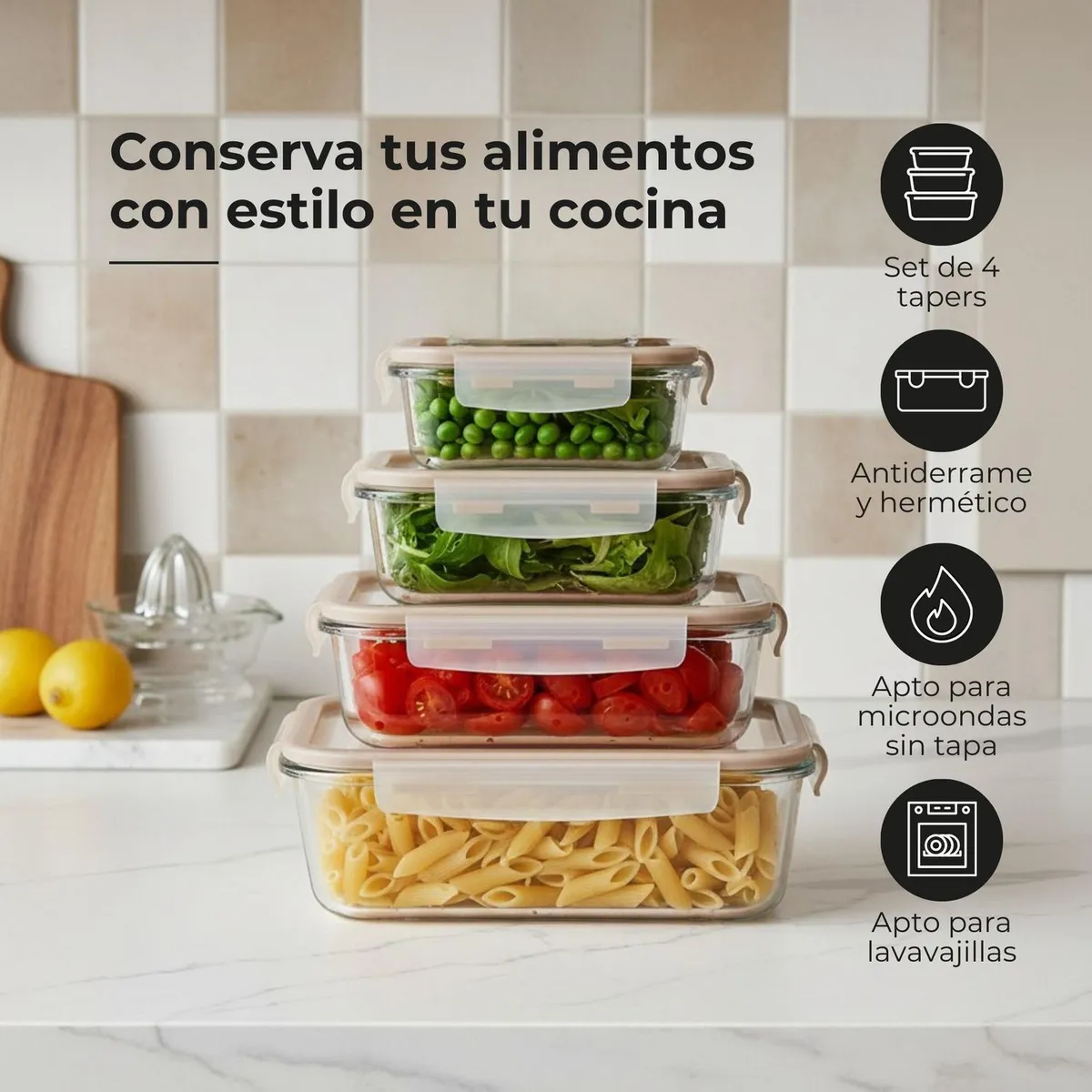 BELESSI - Set x4 Tapers Herméticos de Vidrio con Tapa