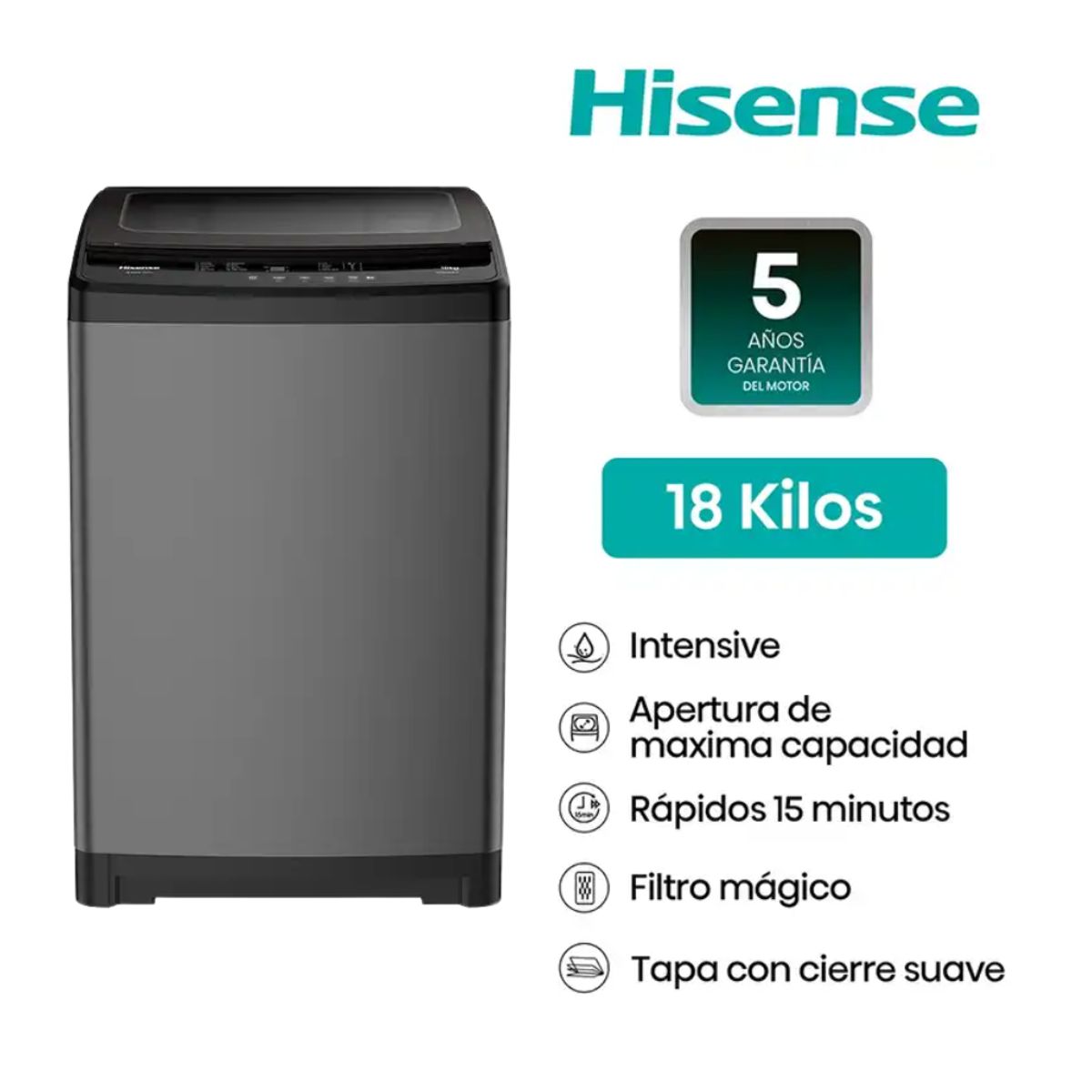 HISENSE - LAVADORA 18KG HISENSE COLOR GRIS MOD WT3W1823UT