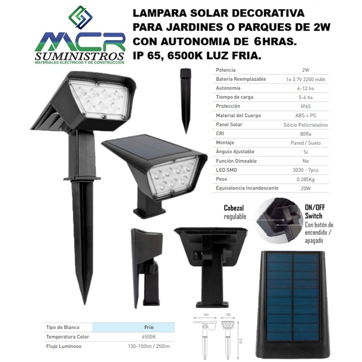 GENERICO - LAMPARA SOLAR DECORATIVA PARA JARDINES O PARQUE DE 2W CON AUTONOMIA DE 6 HORAS, 6500K LUZ FRIA.