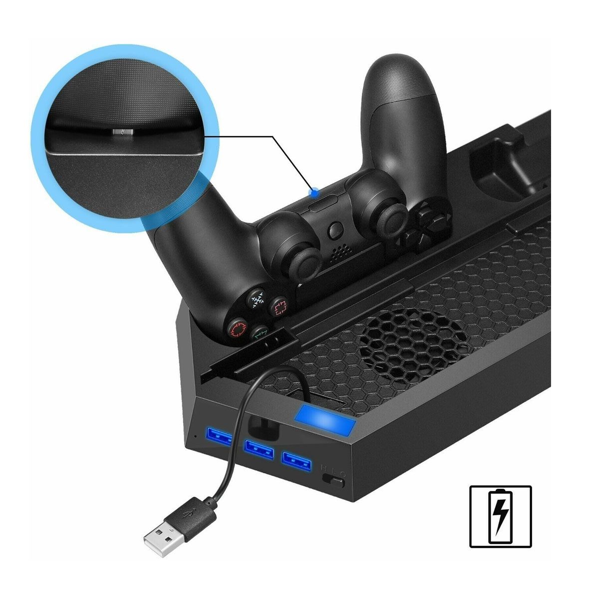 GENERICO - Base Enfriadora PS4 FAT Todo en Uno Soporte Vertical + Carga 2 Mandos + 3 Puertos USB