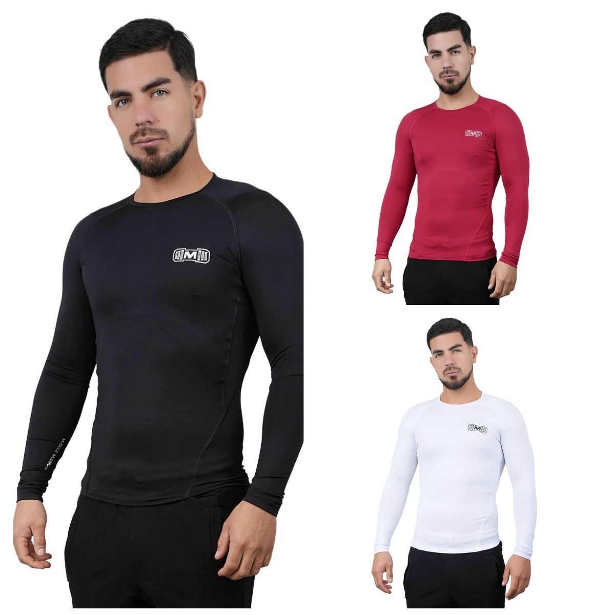 M MUSCLE MUSEUM - Polo Deportivo de Compresión Manga Larga Pack x 3 Colores Negro Rojo y Blanco para Hombres
