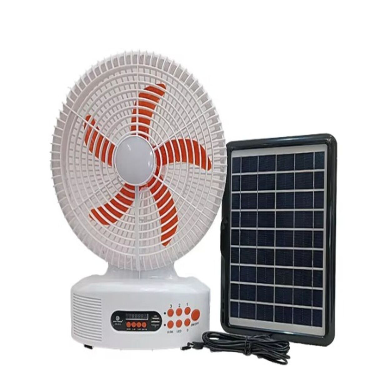 SEISA - VENTILADOR SOLAR  RECARGABLE AC/DC DE 12 PULGADAS CON PARLANTE BLUETOOTH Y LUZ LED
