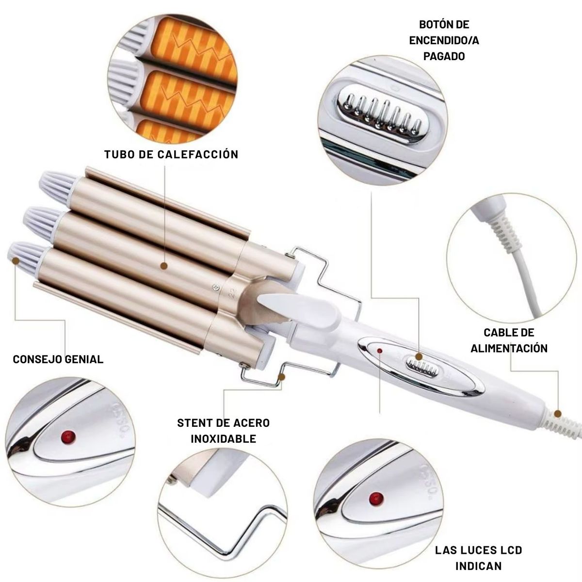 OEM - Rizadora Onduladora de Cabello Tenaza Sirena Tres Tubos Ondulados