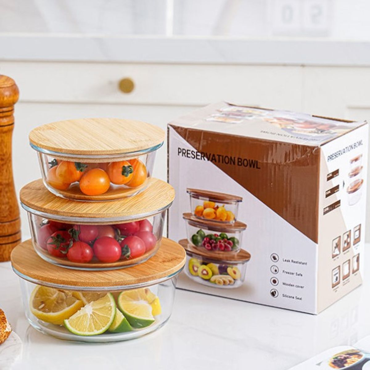 GENERICO - Set x 3  Tapers de Vidrio Con Tapa de Bambú.