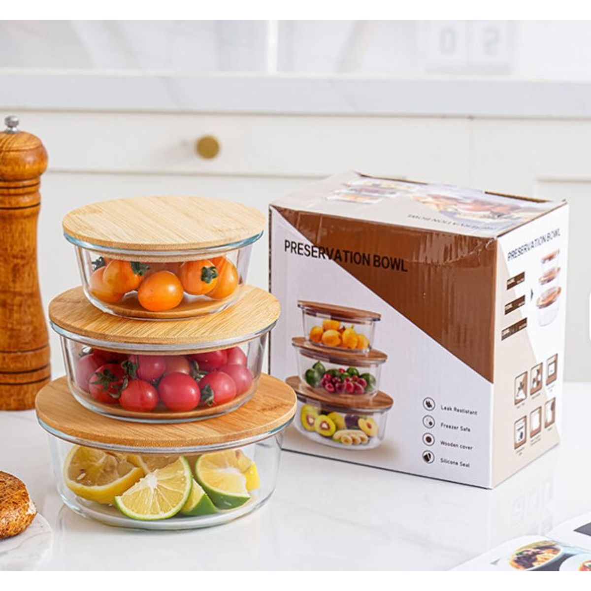 GENERICO - Set x 3  Tapers de Vidrio Con Tapa de Bambú.