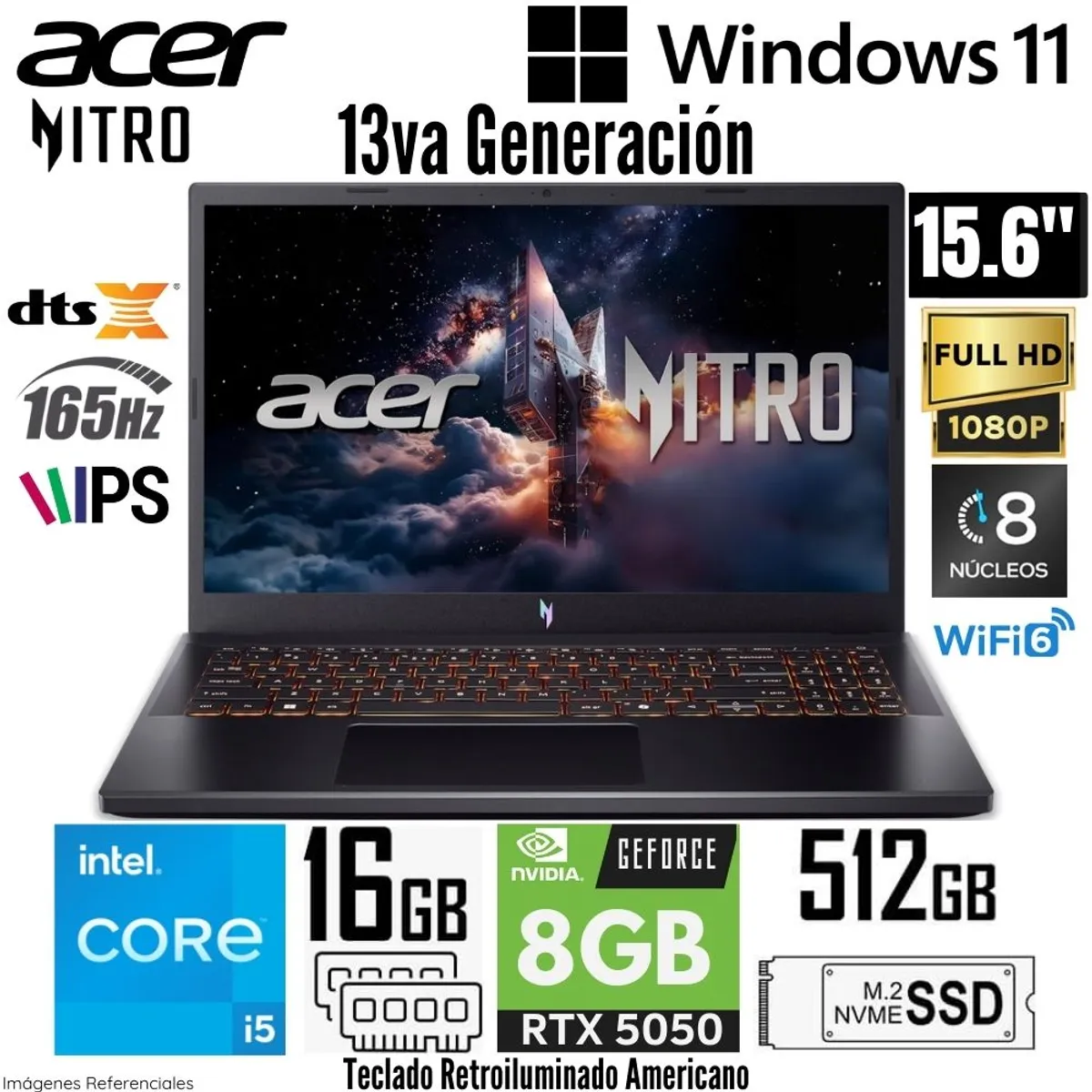 ACER - Laptop Acer Nitro V15 ANV15-52-57BB Intel Core i5-13420H 16GB RAM 512GB SSD RTX 5050-8GB 15.6"  FHD 165Hz