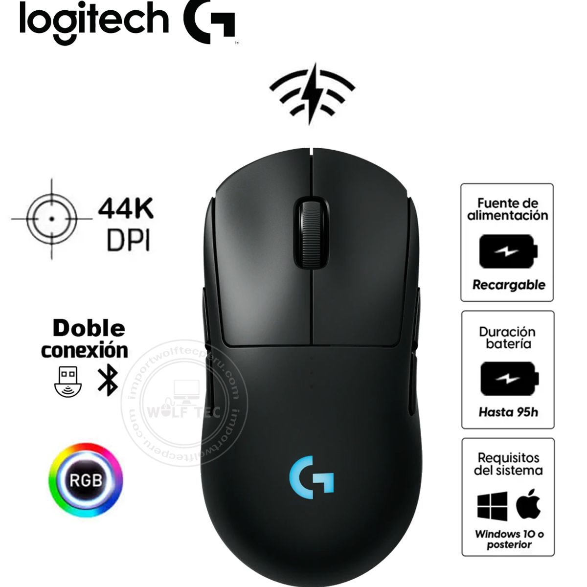 LOGITECH - Mouse Logitech G Pro Ligthspeed Wireless Hero 2 44K Lightforce/Lightsync RGB Negro