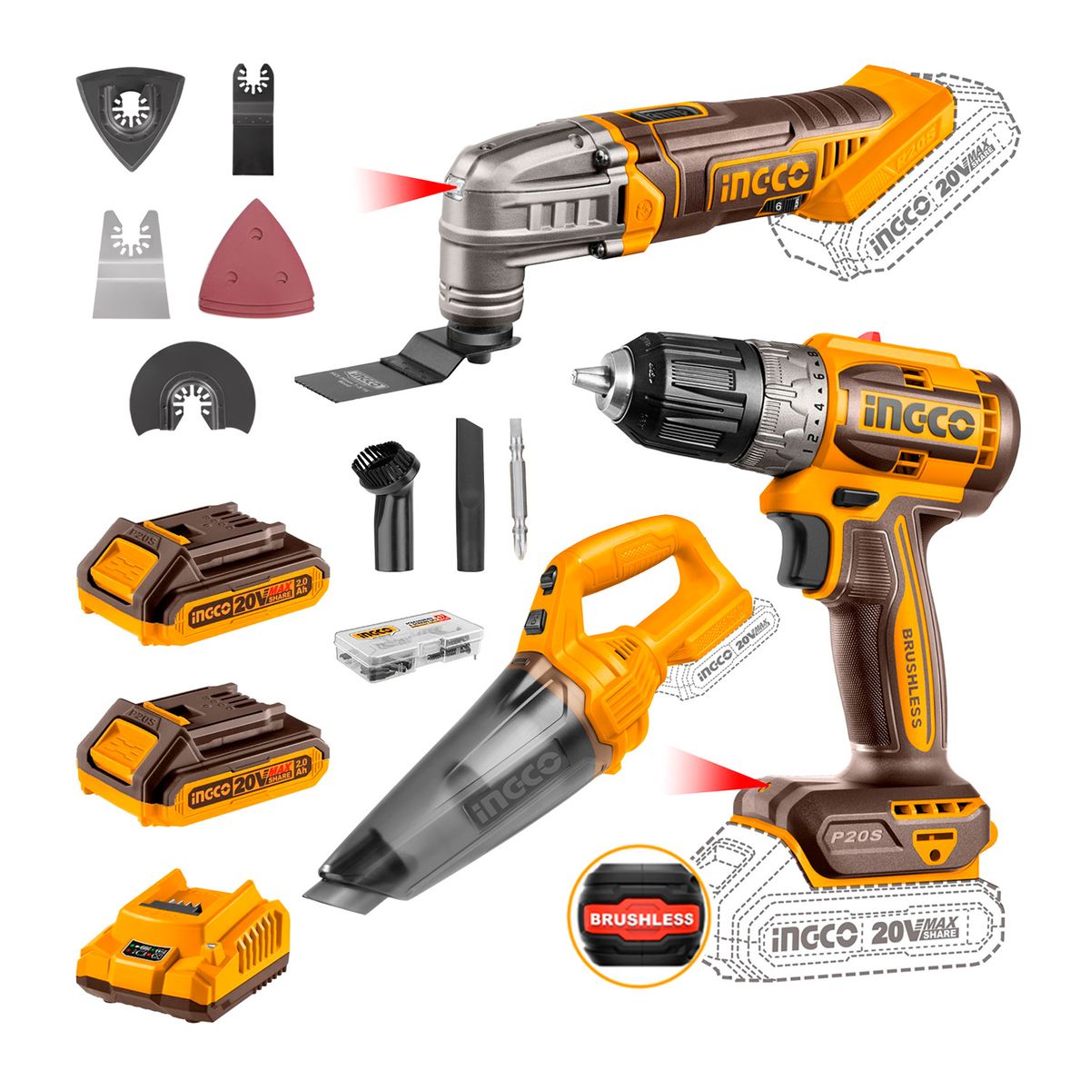 INGCO TOOLS - Taladro Atornillador 52nm+hta. Multifunción3.2°+aspiradora Naranja Claro 50 / 60 Hz