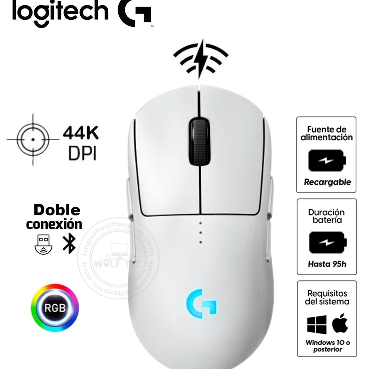 LOGITECH - Mouse Logitech G Pro Ligthspeed Wireless Hero 2 44K Lightforce/Lightsync RGB Blanco