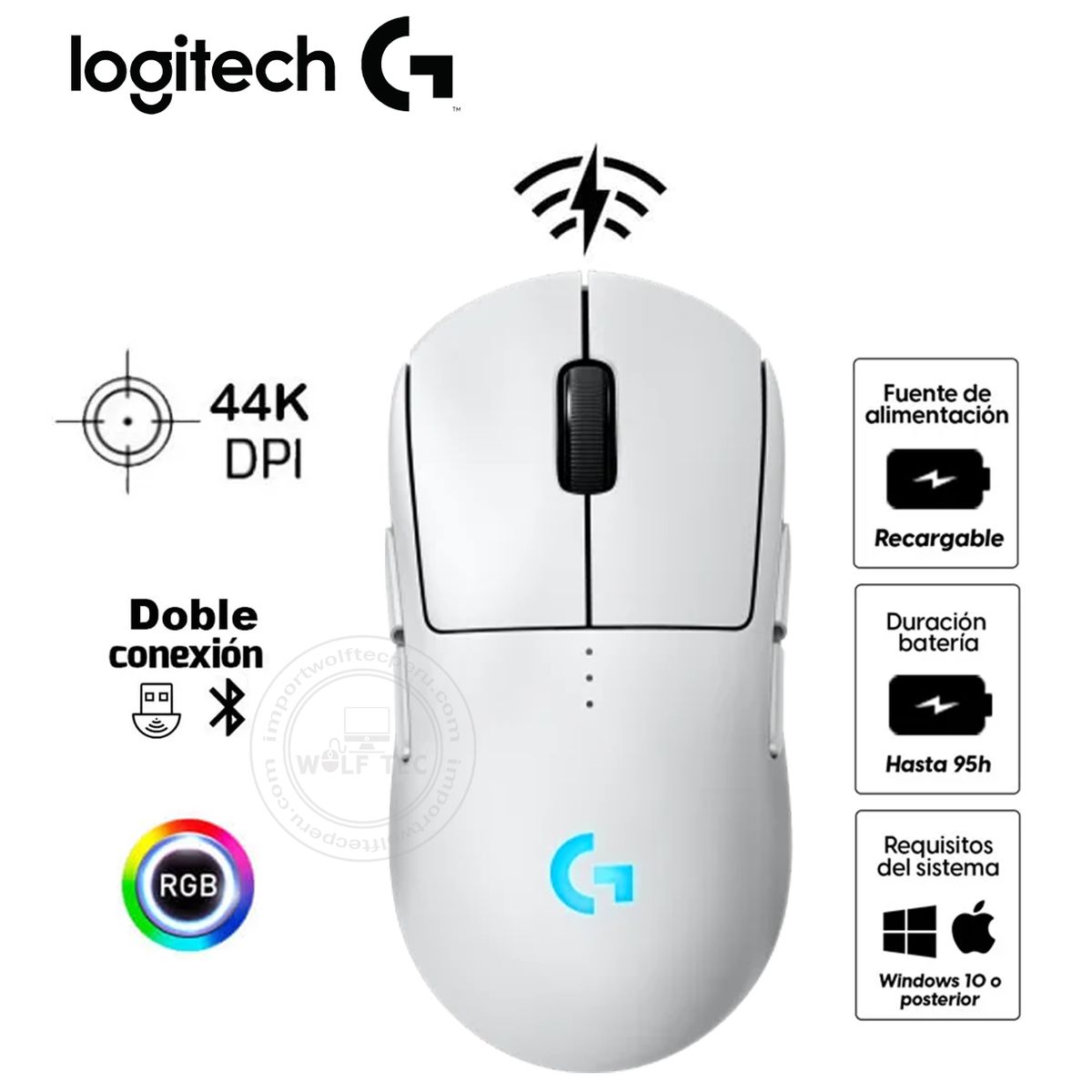 LOGITECH - Mouse Logitech G Pro Ligthspeed Wireless Hero 2 44K Lightforce/Lightsync RGB Blanco