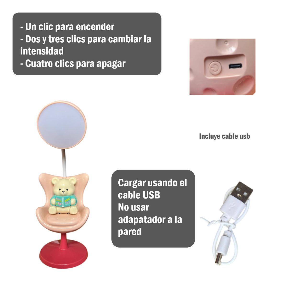 GENERICO - Lámpara de Oso leyendo en su silla Inalámbrico LED Nocturna - Rosado