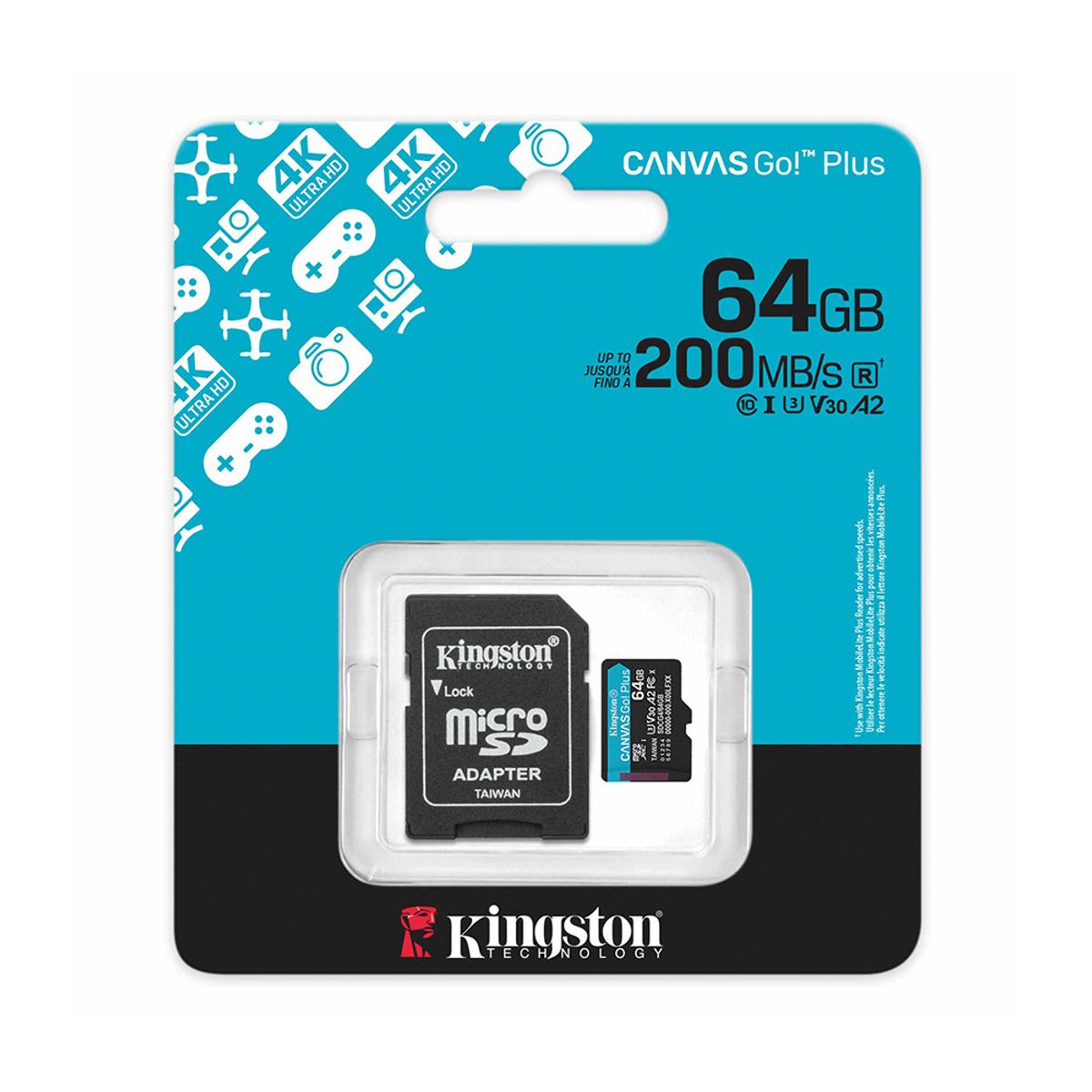 KINGSTON - Tarjeta MicroSDXC Kingston Canvas Go Plus 64GB, A2, U3, V30, 170 MB/s, incluye adaptador