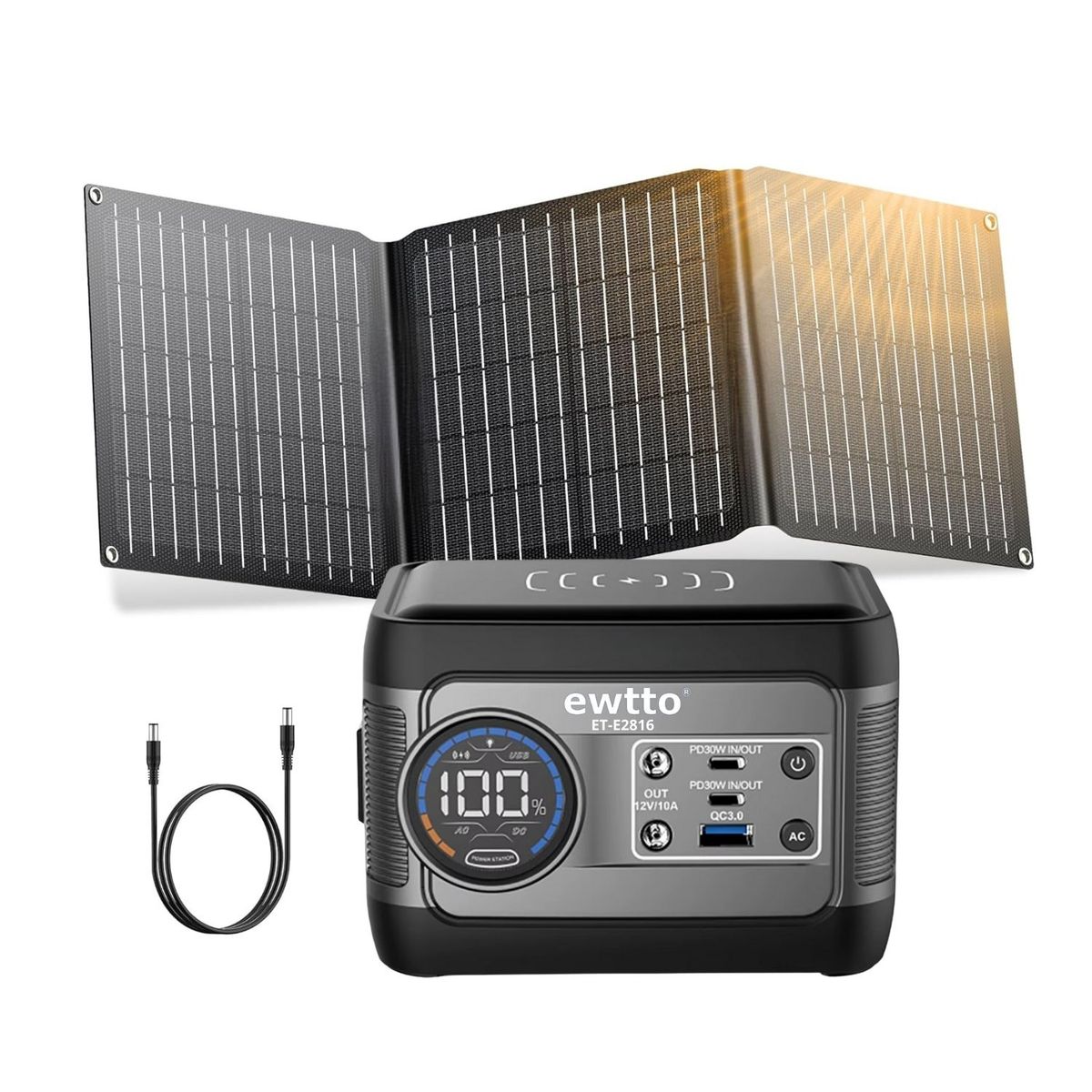 EWTTO - Generador Solar Portátil 100W con Panel Plegable USB-C PD 65W y Carga Inalámbrica