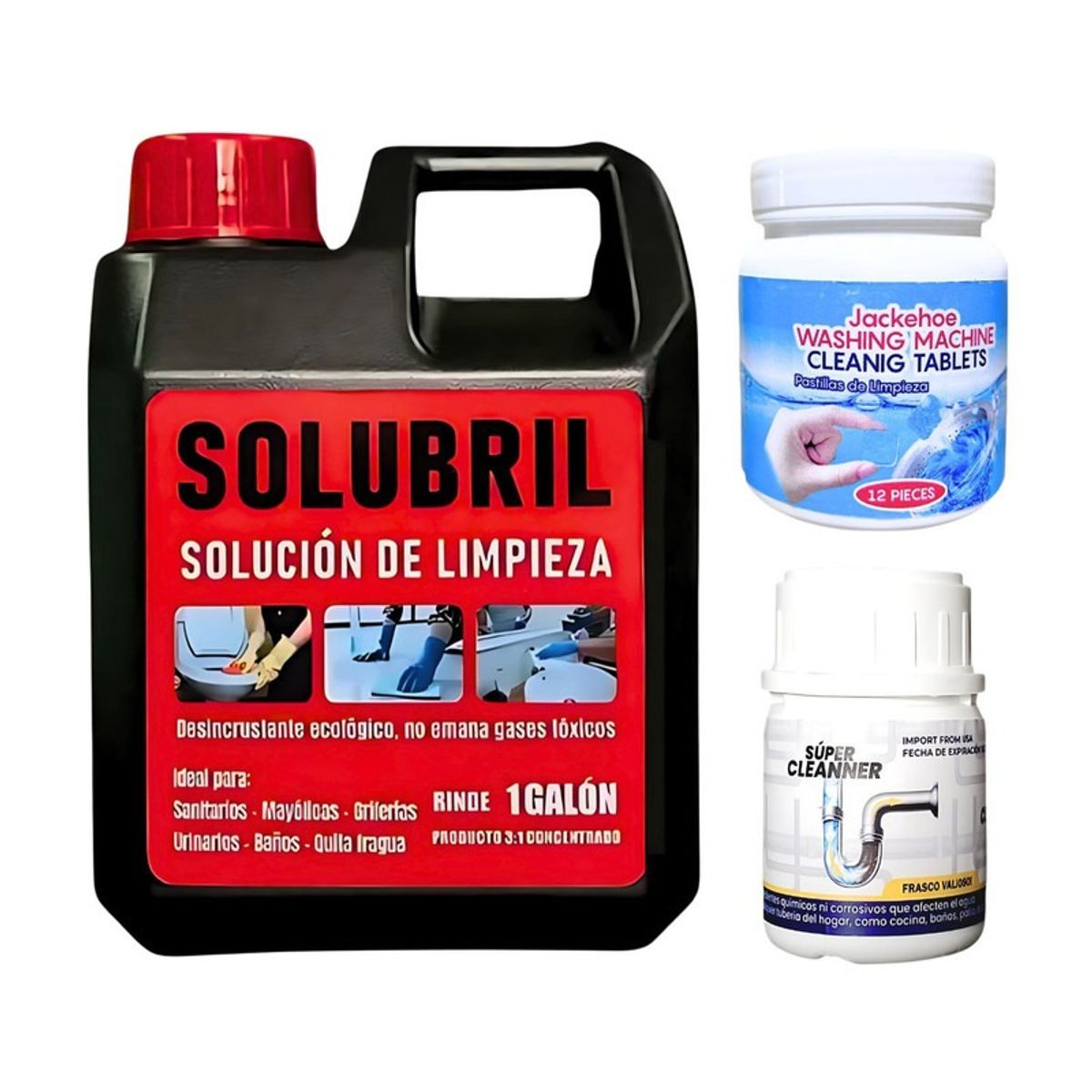 SOLUCIÓN PISOS SOLUBRIL + PASTILLA LAVADORA + DESATORADOR DE TUBERÍAS, marca GENERICO - Foto Principal