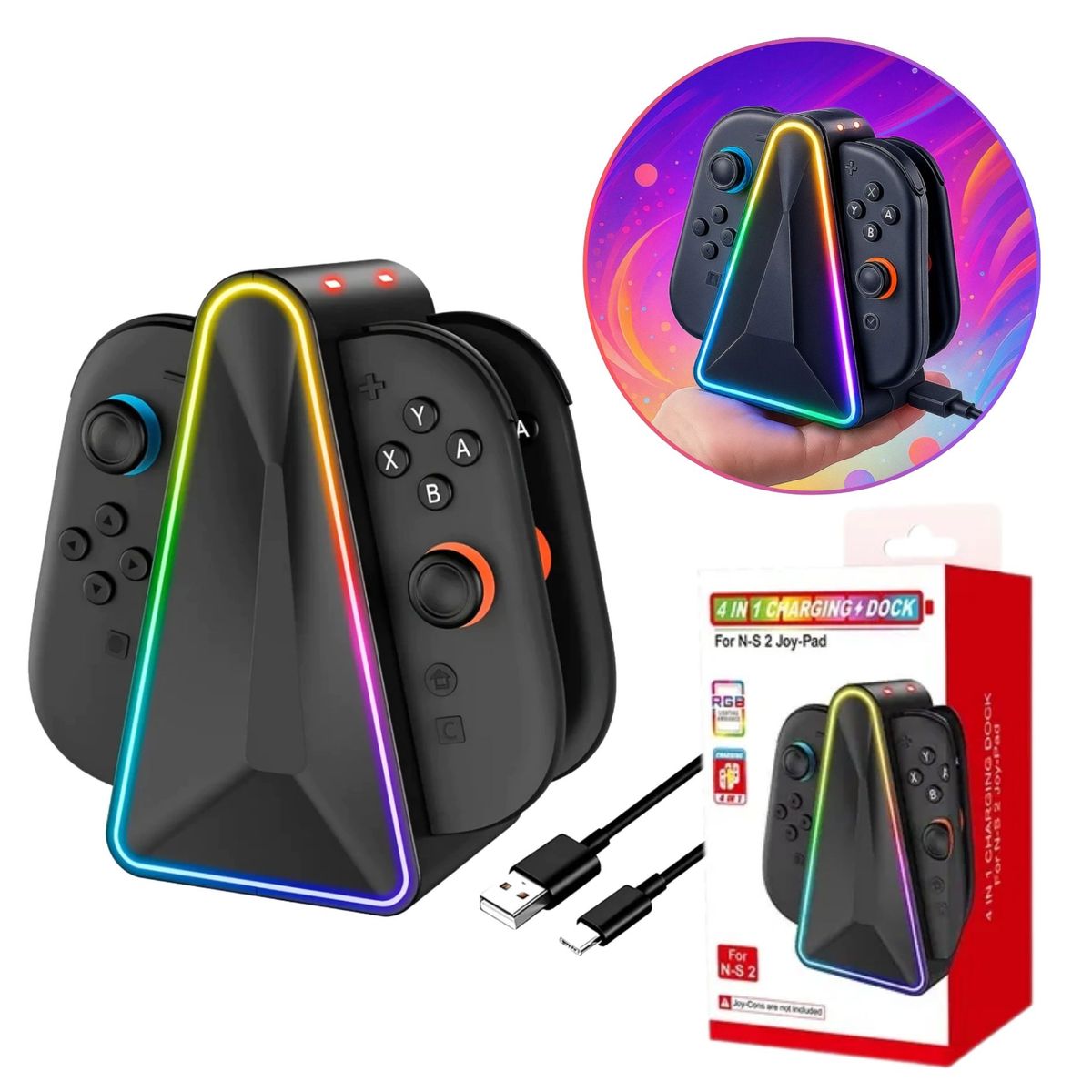 SEISA - Base Estacion de Carga Mando Nintendo Switch 4 EN 1 RGB Seisa Cargador con  Luces LED RGB