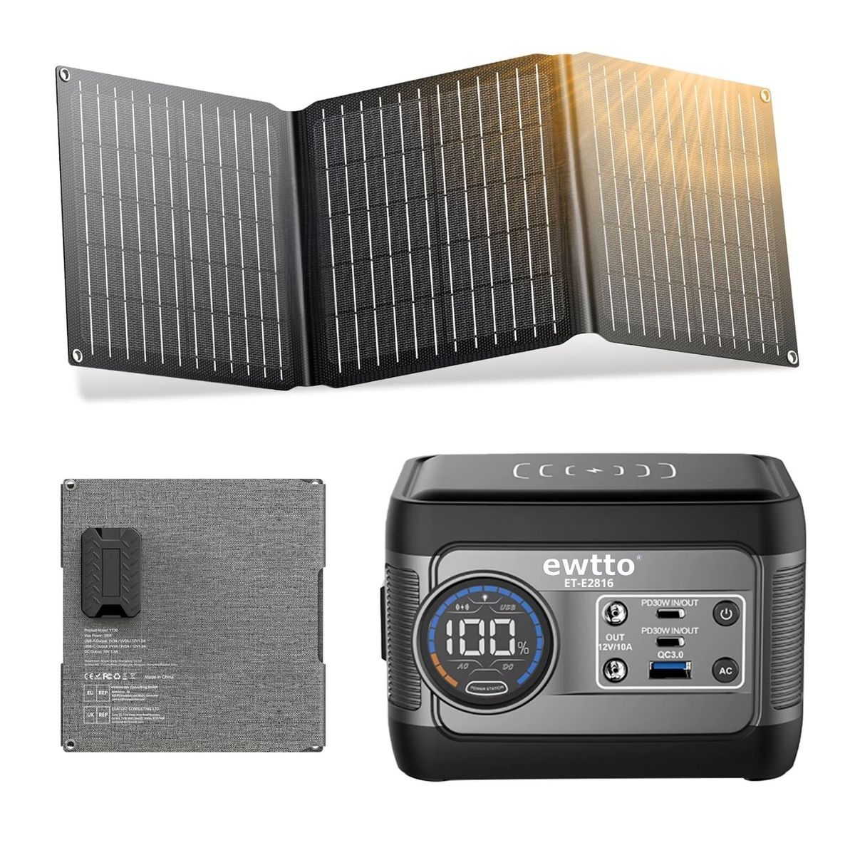 EWTTO - Power Station Portátil 100W con Panel Solar Incluido y Onda Pura 220V
