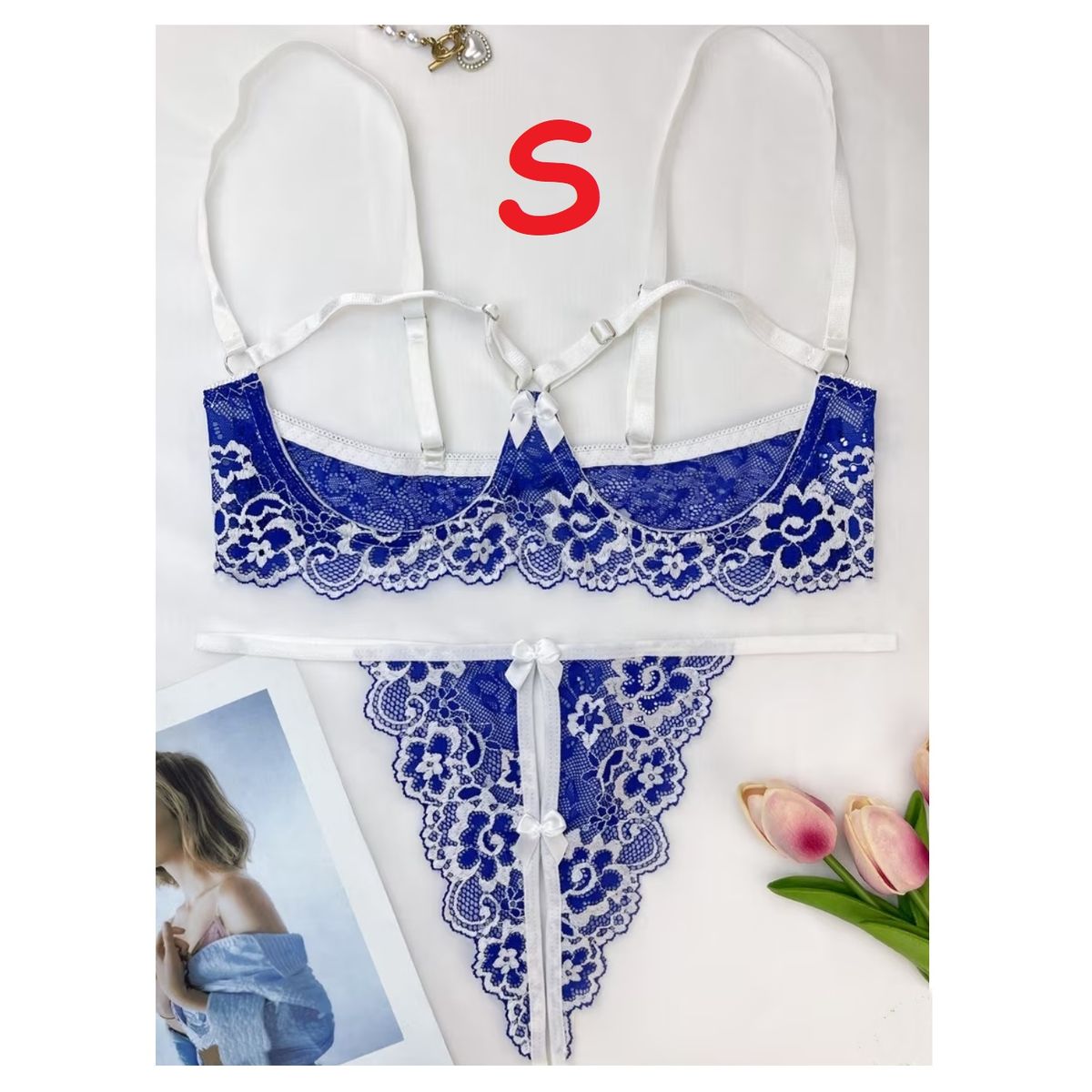 GENERICO - LENCERIA DE ENCAJE SET HILO BRASIER SIEMPRE LISTA TALLA S