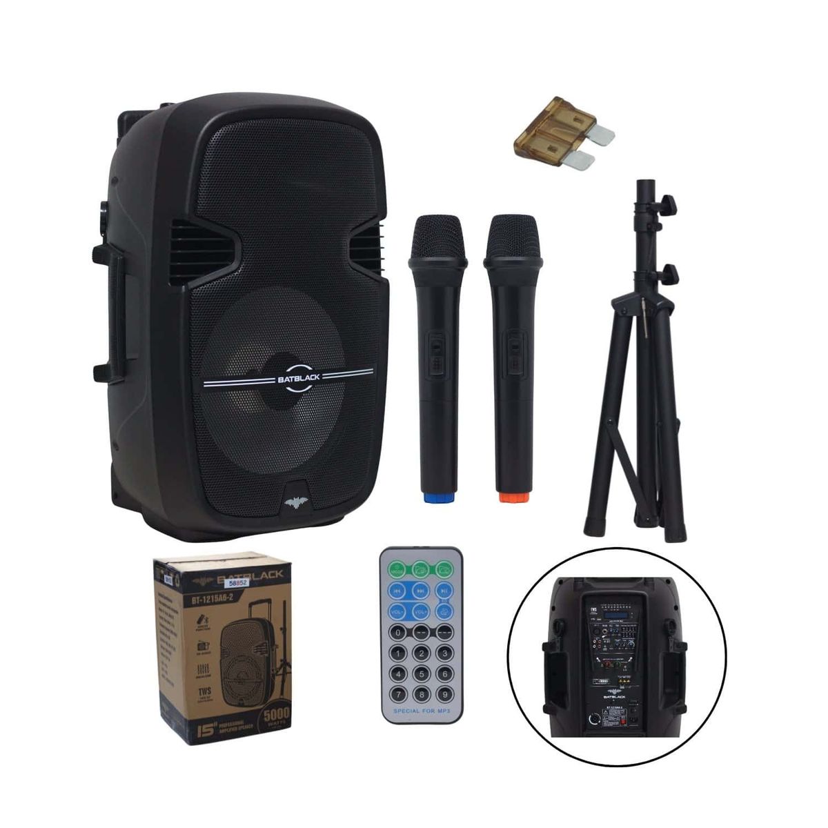 BATBLACK - Parlante Gabinete Activo Recargable 15 5000W con Bluetooth BT-1215A6-2 BATBLACK