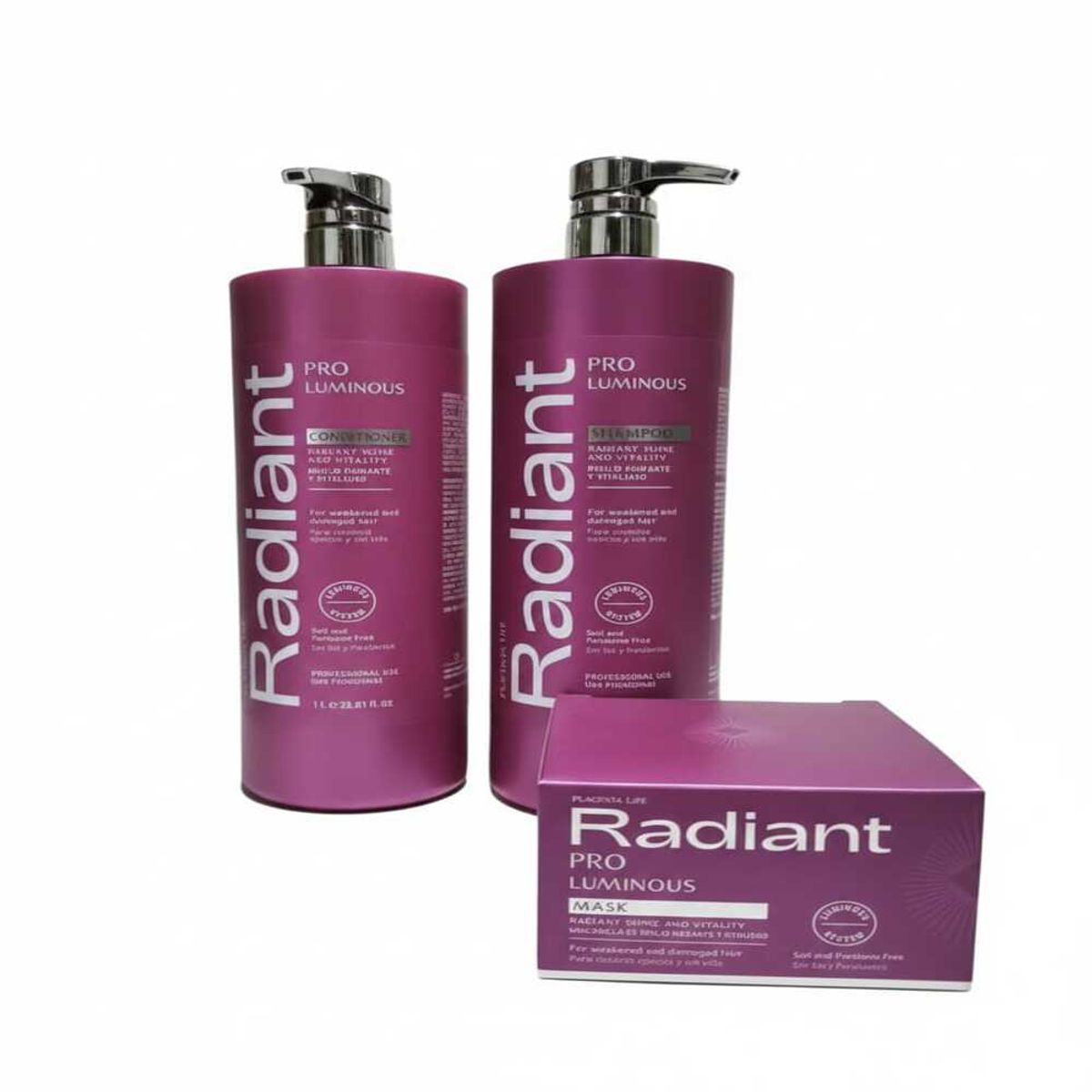 PLACENTA LIFE - RADIANT  PRO LUMINOUS  Shampoo 1 LT + acondicionador  + Mask 350gr