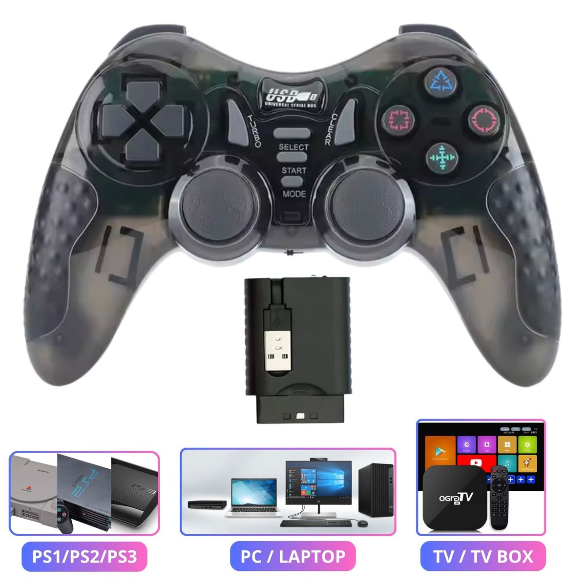 SEISA - Mando Joystick Inalámbrico 7 en 1 Mando 2.4G para PC PS2 PS3 Xbox Android  Tv Box - Negro