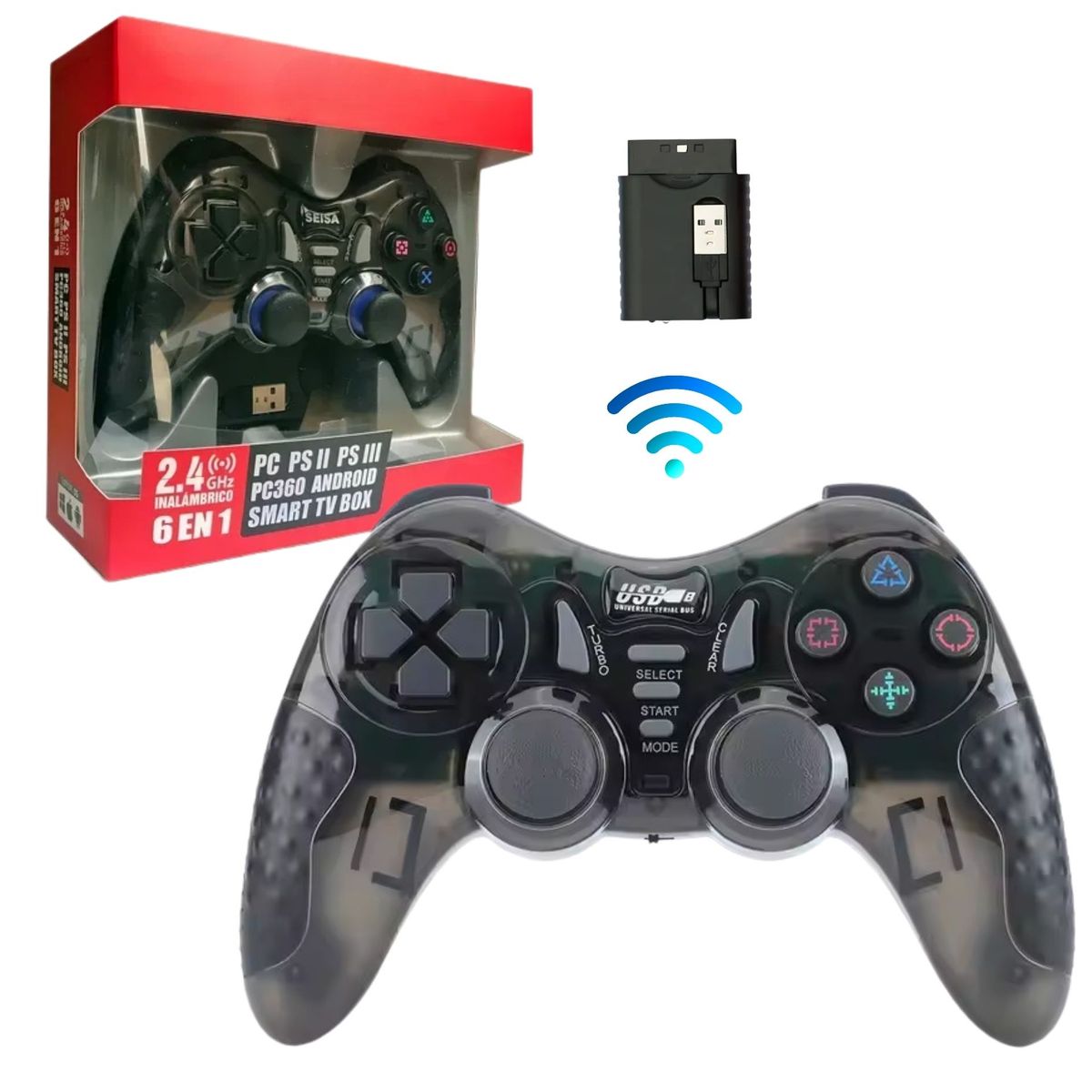 SEISA - Mando Joystick Inalámbrico 7 en 1 Mando 2.4G para PC PS2 PS3 Xbox Android  Tv Box - Negro